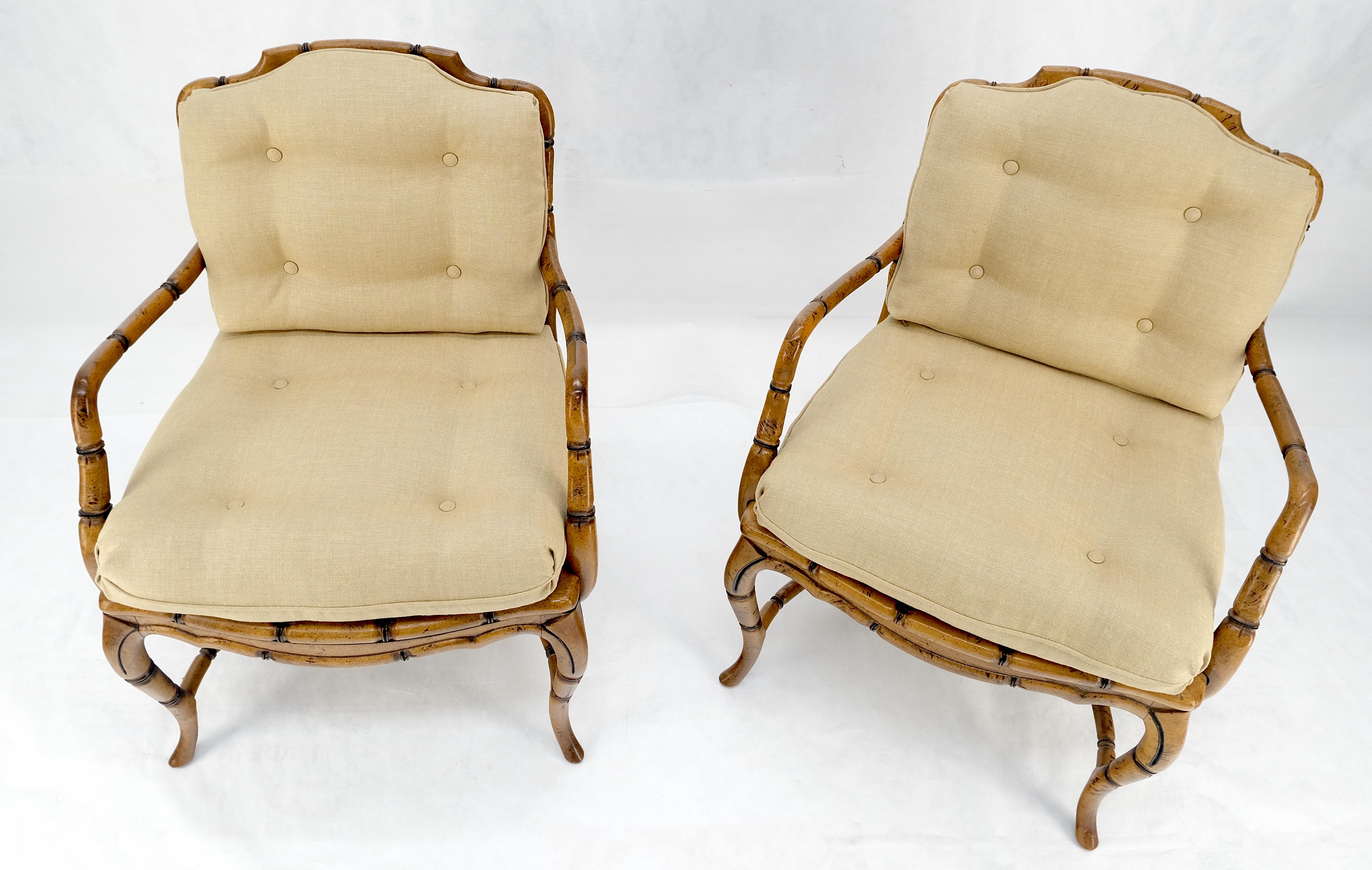 Carved Faux Bamboo Horn Shape Legs New Linen Upholstery Lounge Chairs MINT! For Sale