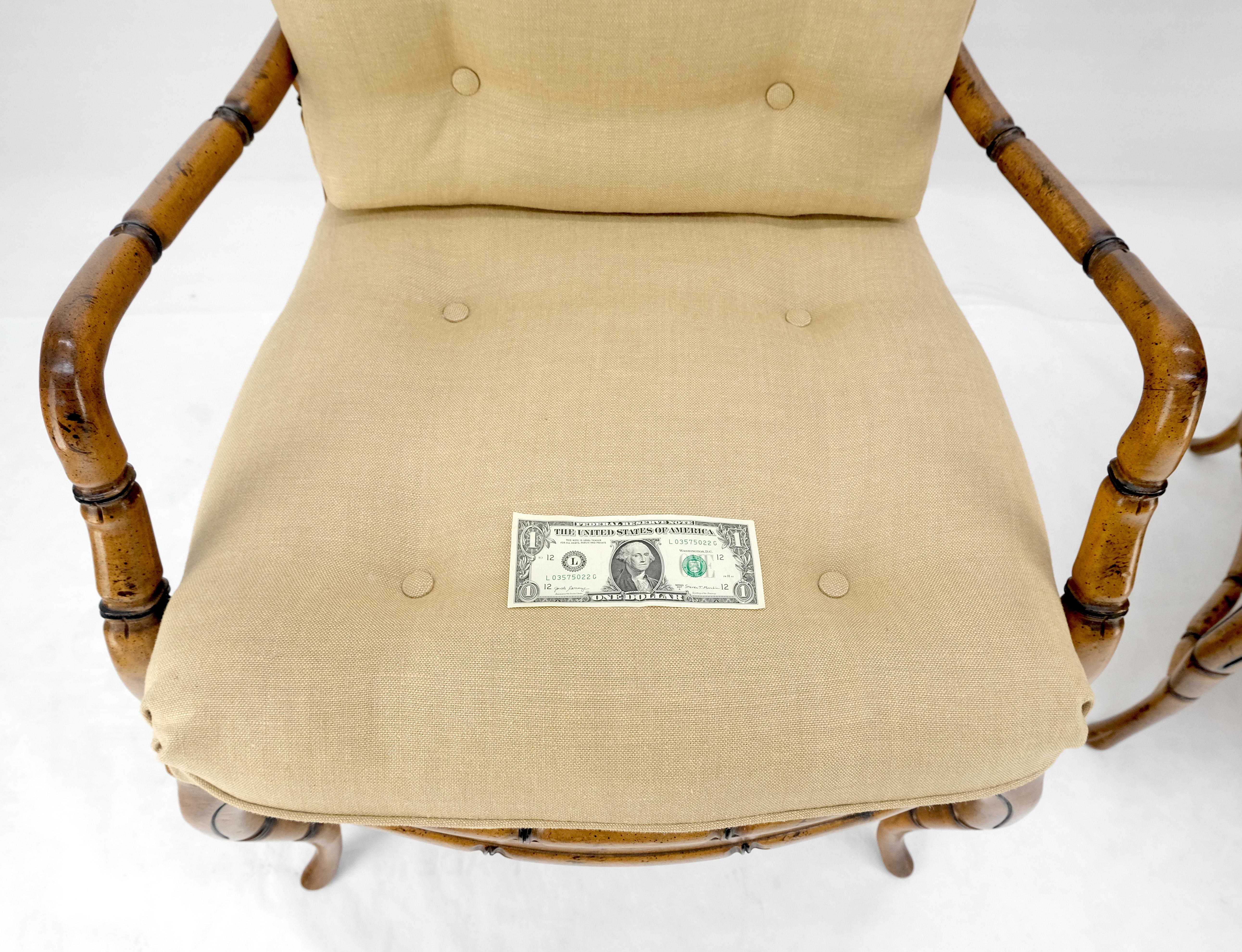 Faux Bamboo Horn Shape Legs New Linen Upholstery Lounge Chairs MINT! In Excellent Condition For Sale In Rockaway, NJ