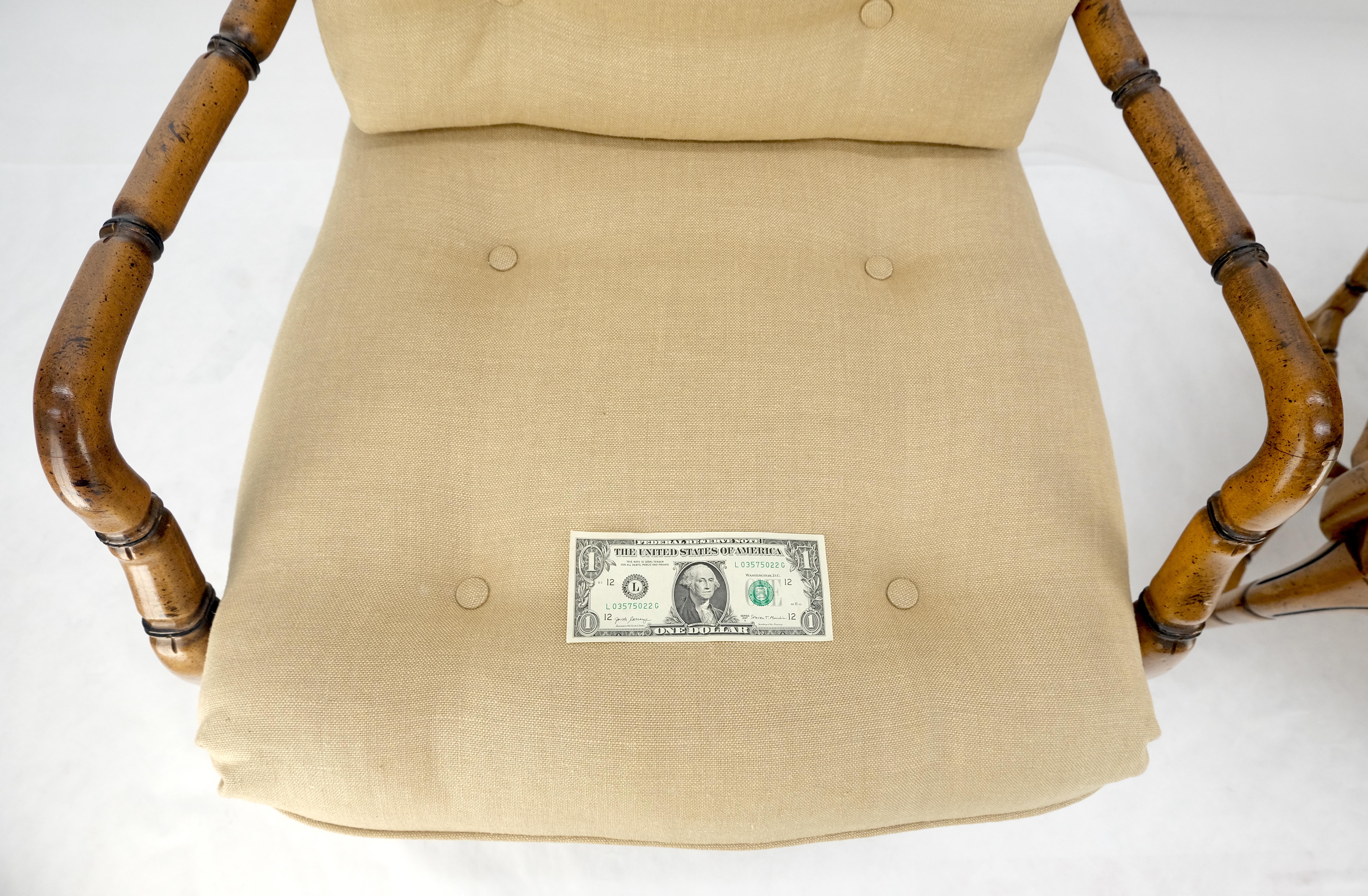 20th Century Faux Bamboo Horn Shape Legs New Linen Upholstery Lounge Chairs MINT! For Sale