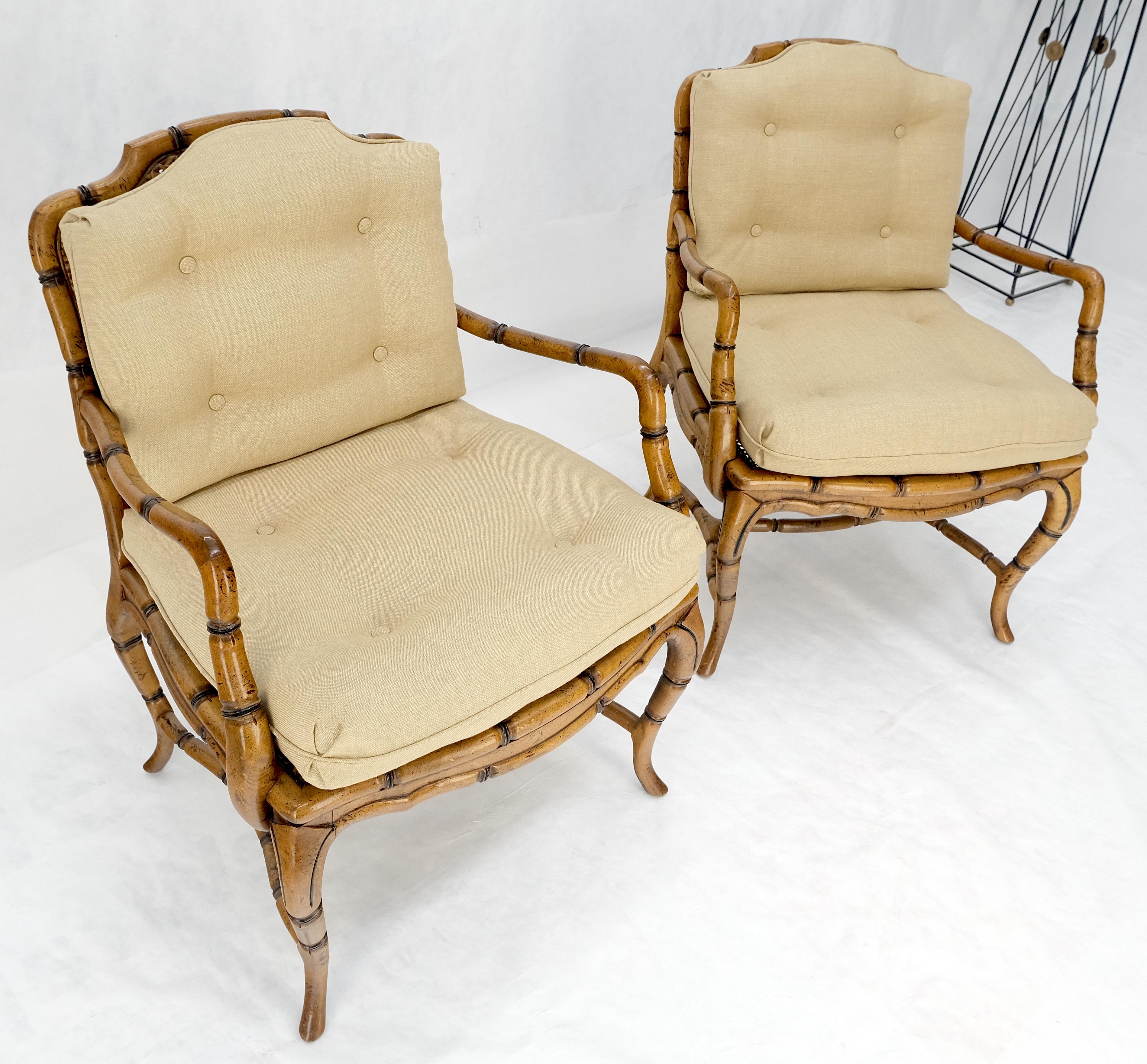 Cane Faux Bamboo Horn Shape Legs New Linen Upholstery Lounge Chairs MINT! For Sale