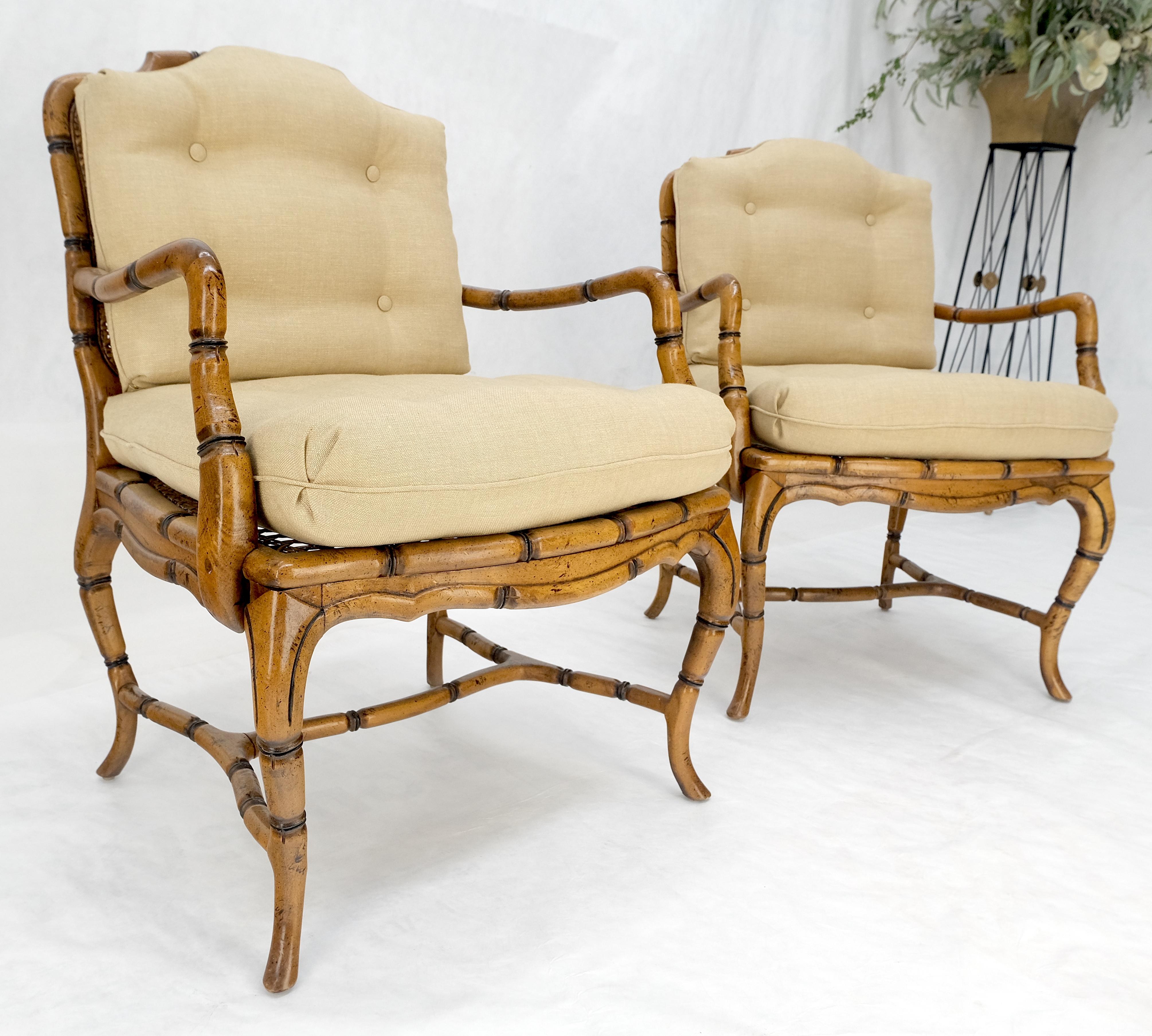 Faux Bamboo Horn Shape Legs New Linen Upholstery Lounge Chairs MINT! For Sale 1