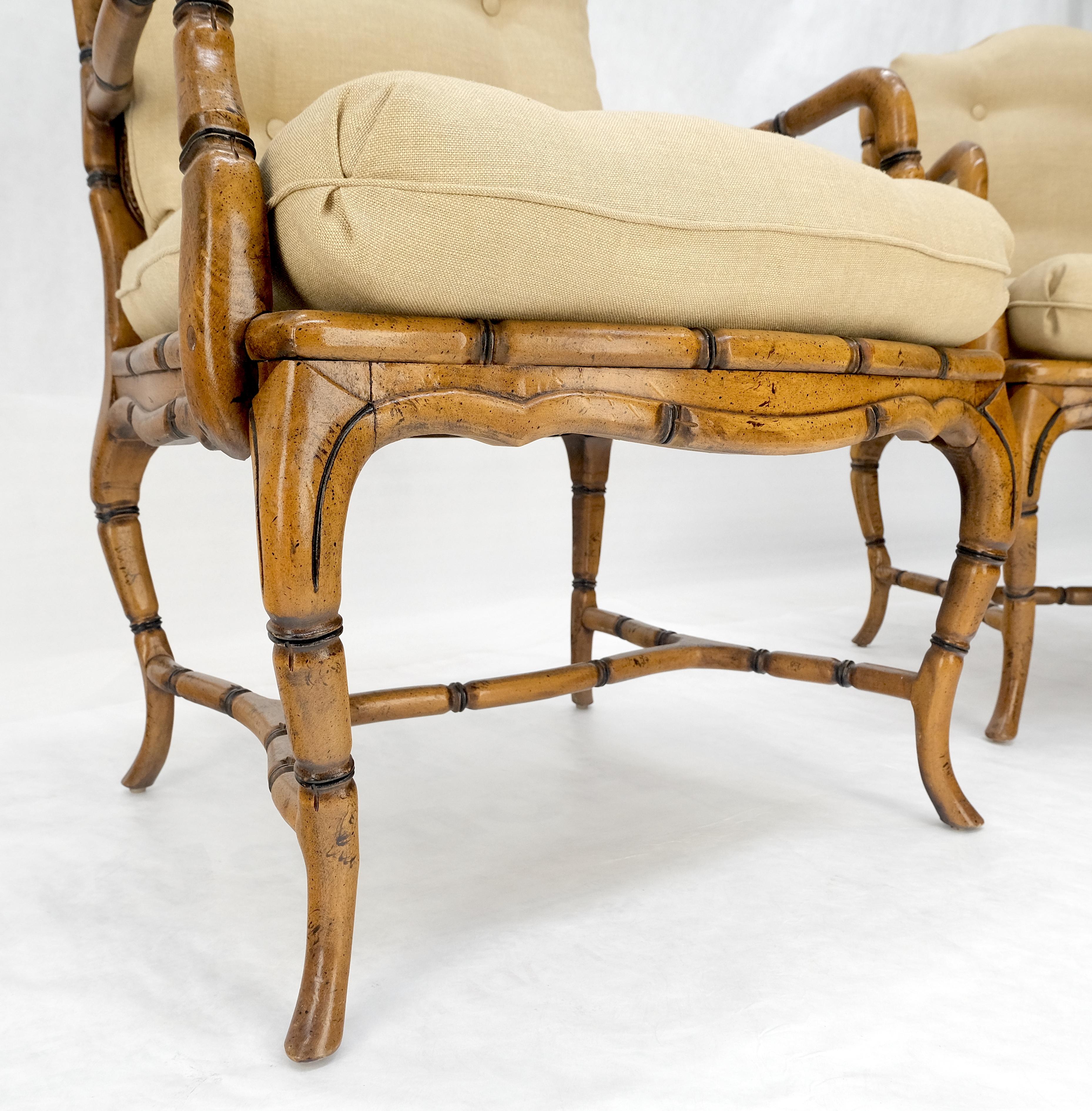 Faux Bamboo Horn Shape Legs New Linen Upholstery Lounge Chairs MINT! For Sale 2