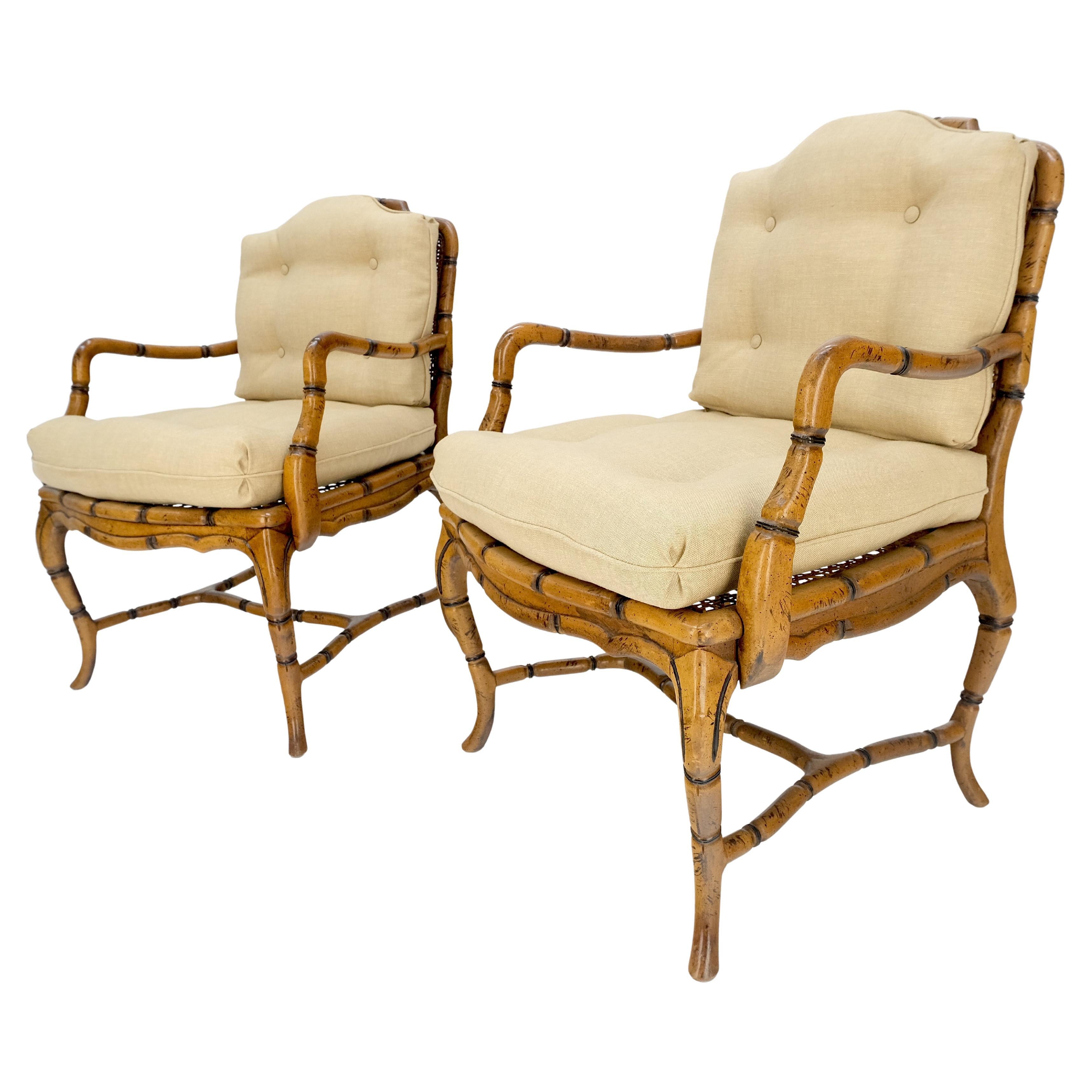 Faux Bamboo Horn Shape Legs New Linen Upholstery Lounge Chairs MINT! For Sale