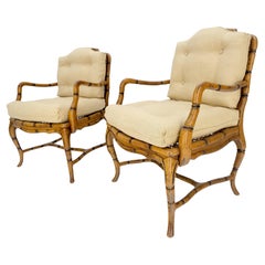 Faux Bamboo Horn Shape Legs New Linen Upholstery Lounge Chairs MINT!