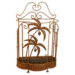 Hollywood Regency Faux Bamboo Iron and Wicker Umbrella / Cane Stand