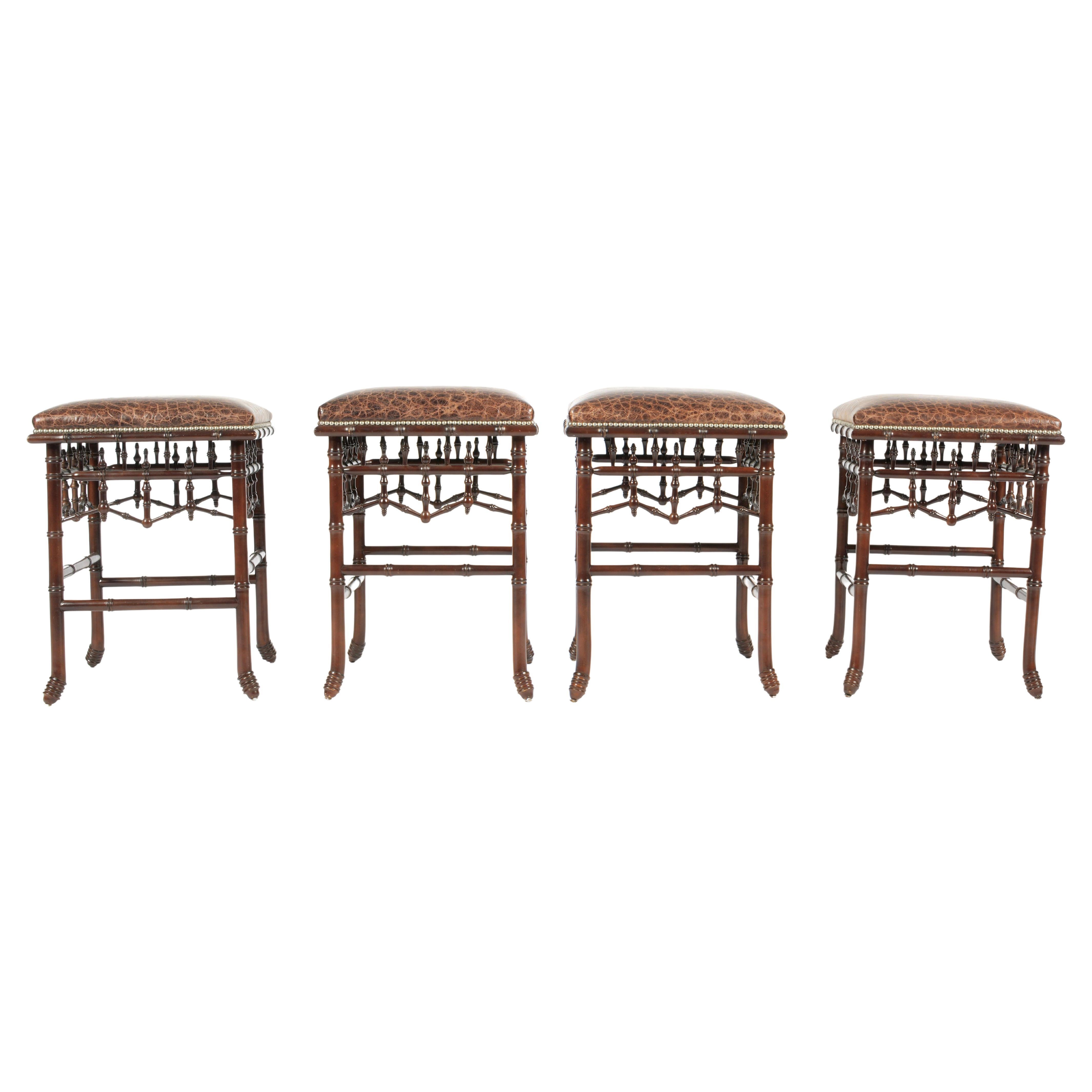 Faux Bamboo & Leather Stools, Set of Four