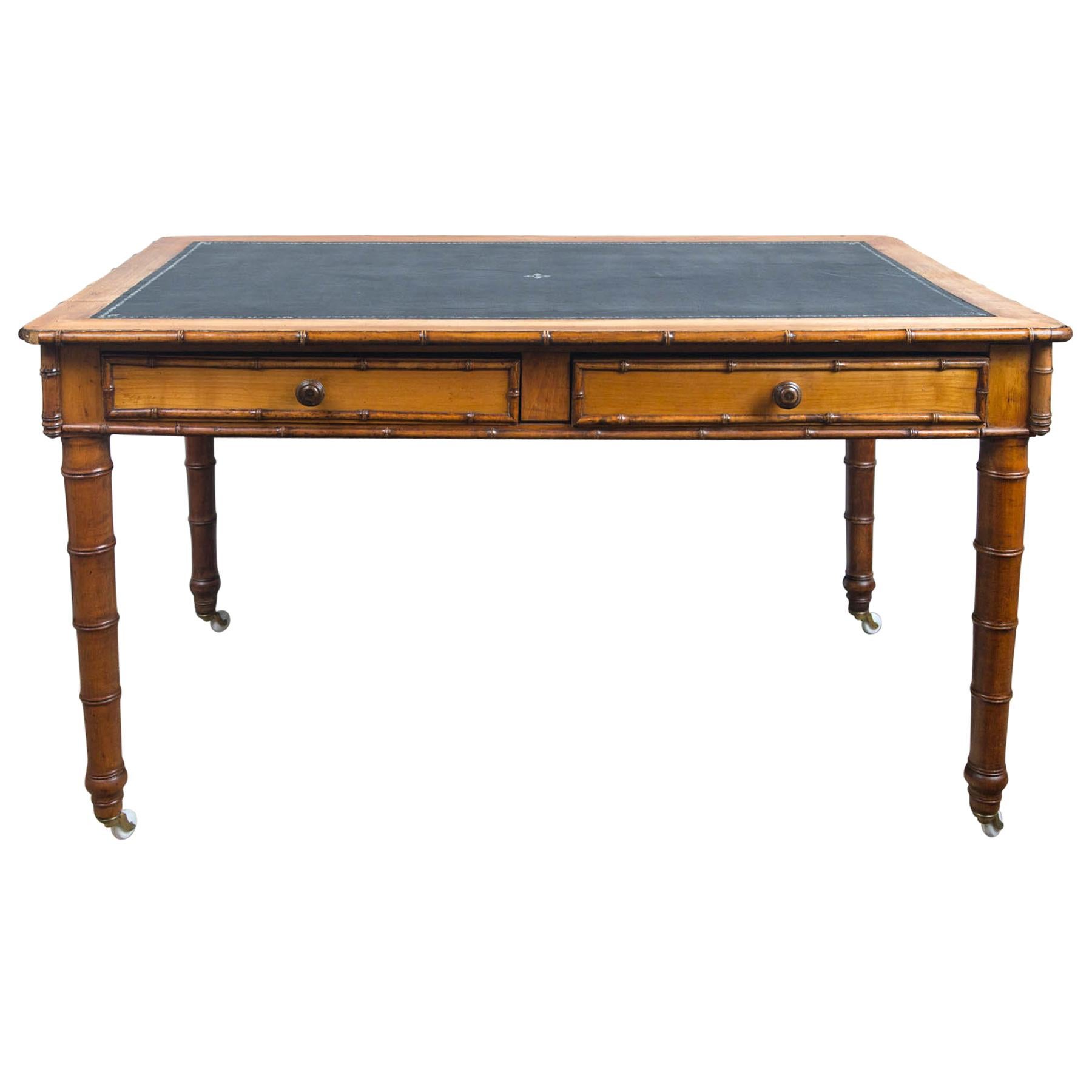 Faux Bamboo Leather Topped Writing Table For Sale