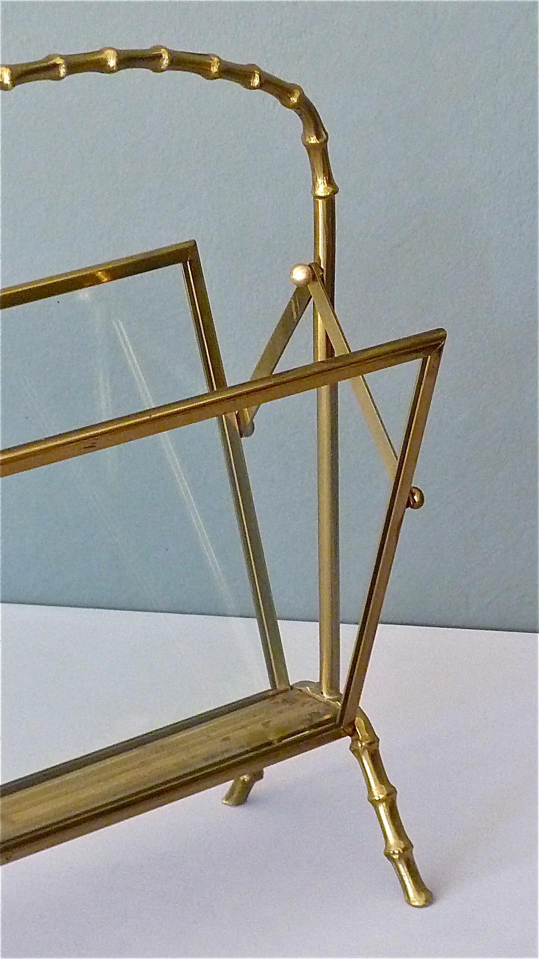 Faux Bamboo Magazine Rack Stand by Maison Bagues Brass Glass France 1950s Jansen For Sale 3