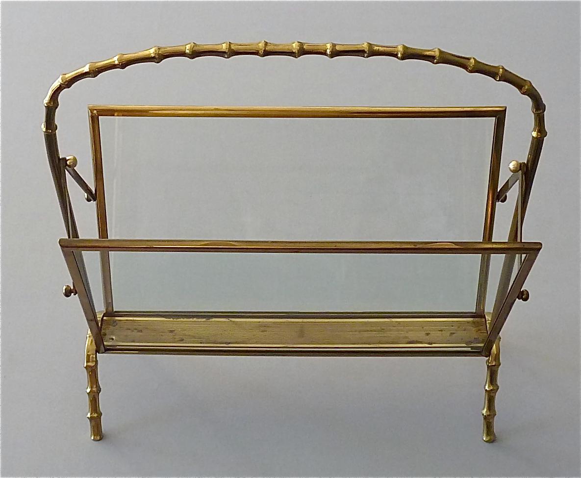 Faux Bamboo Magazine Rack Stand by Maison Bagues Brass Glass France 1950s Jansen For Sale 4