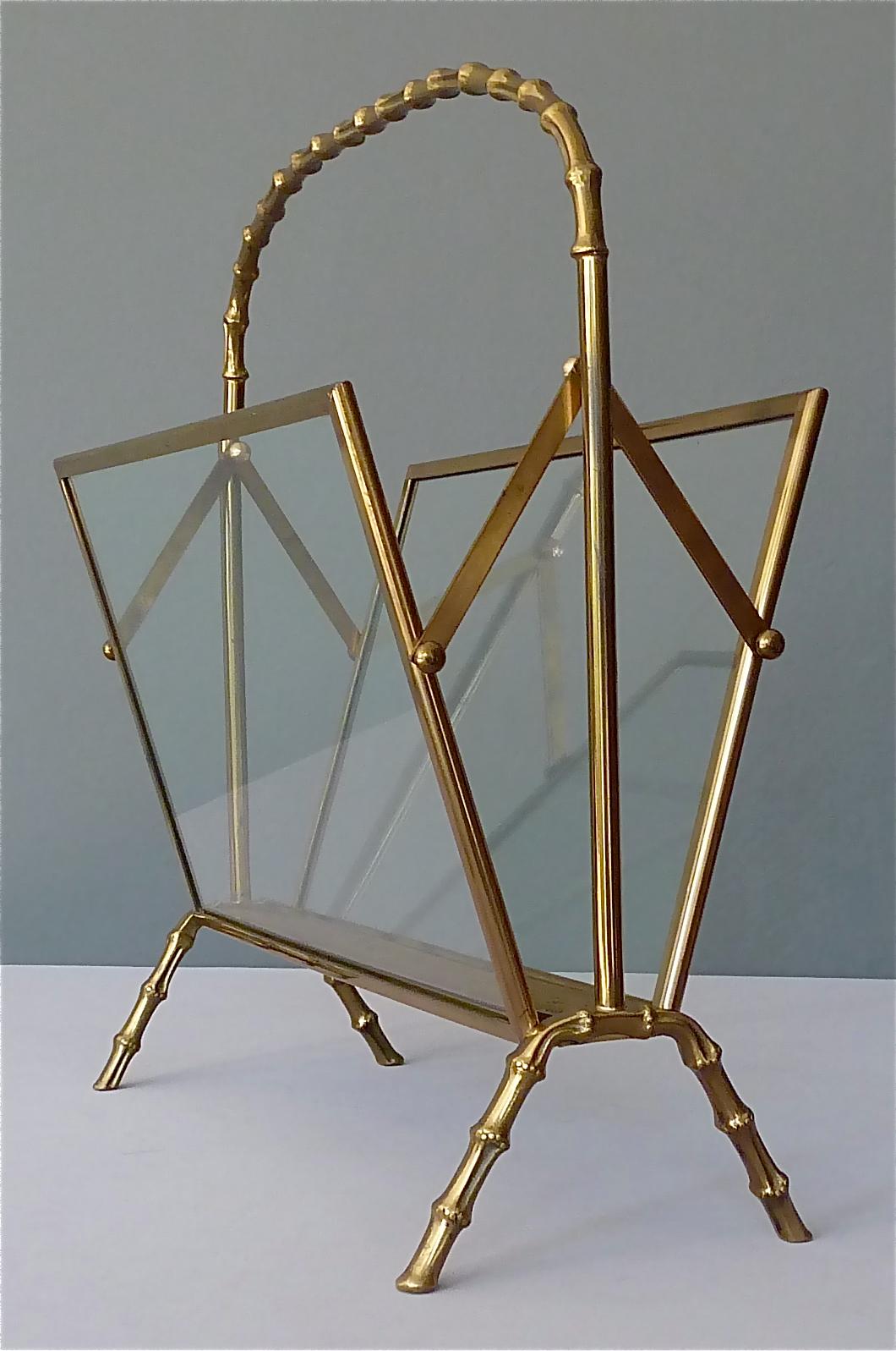 Faux Bamboo Magazine Rack Stand by Maison Bagues Brass Glass France 1950s Jansen For Sale 6