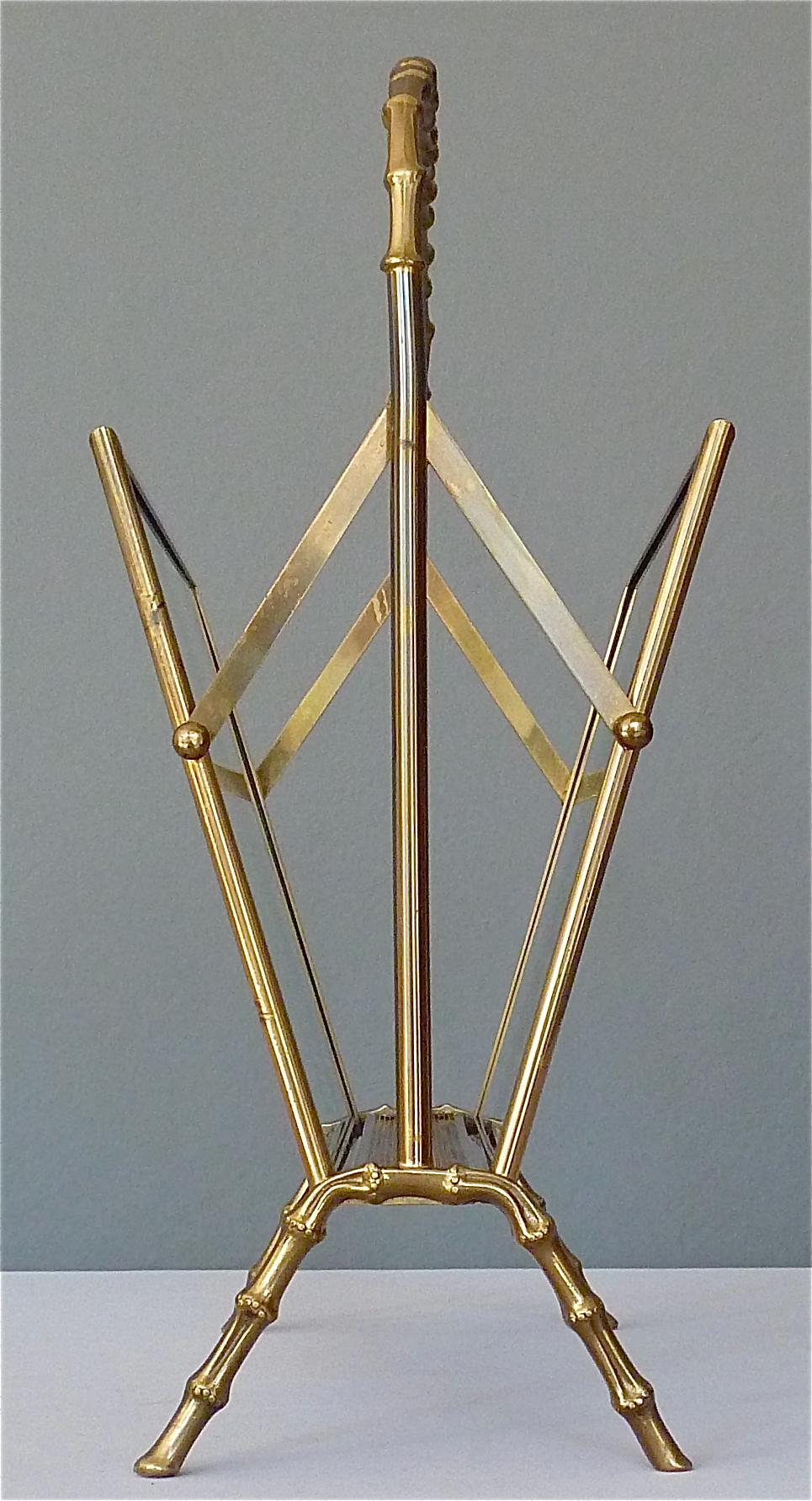 Mid-Century Modern Faux Bamboo Magazine Rack Stand by Maison Bagues Brass Glass France 1950s Jansen For Sale