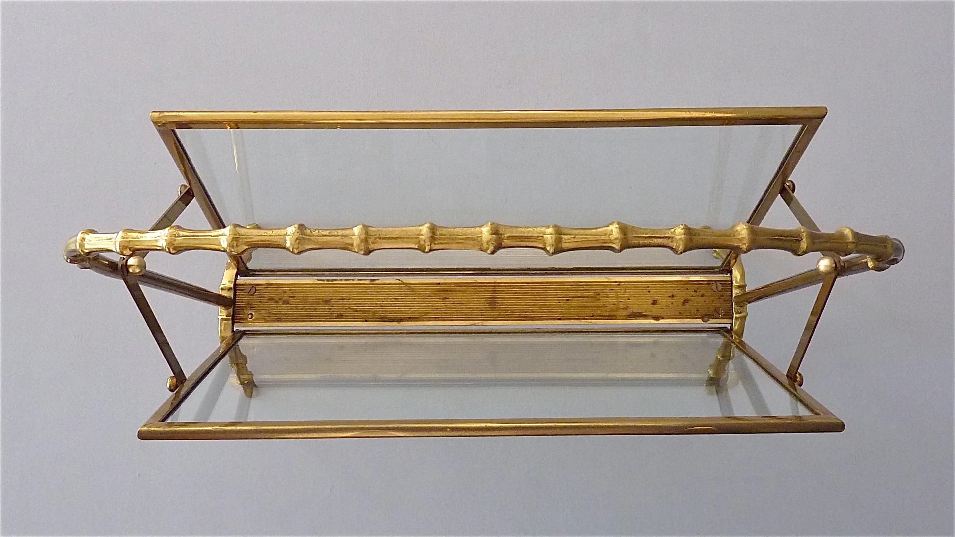 Patinated Faux Bamboo Magazine Rack Stand by Maison Bagues Brass Glass France 1950s Jansen For Sale