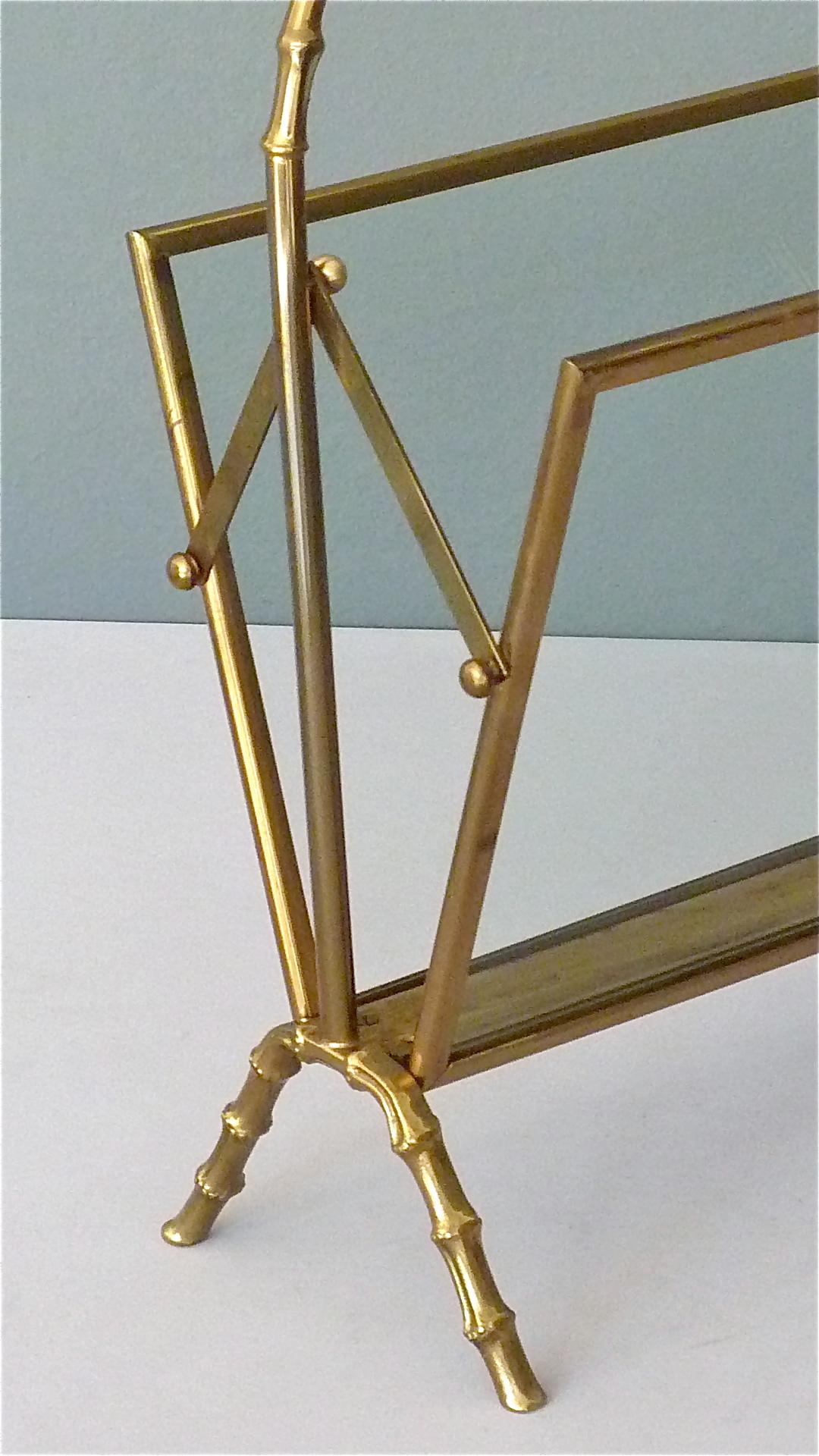 Faux Bamboo Magazine Rack Stand by Maison Bagues Brass Glass France 1950s Jansen For Sale 2