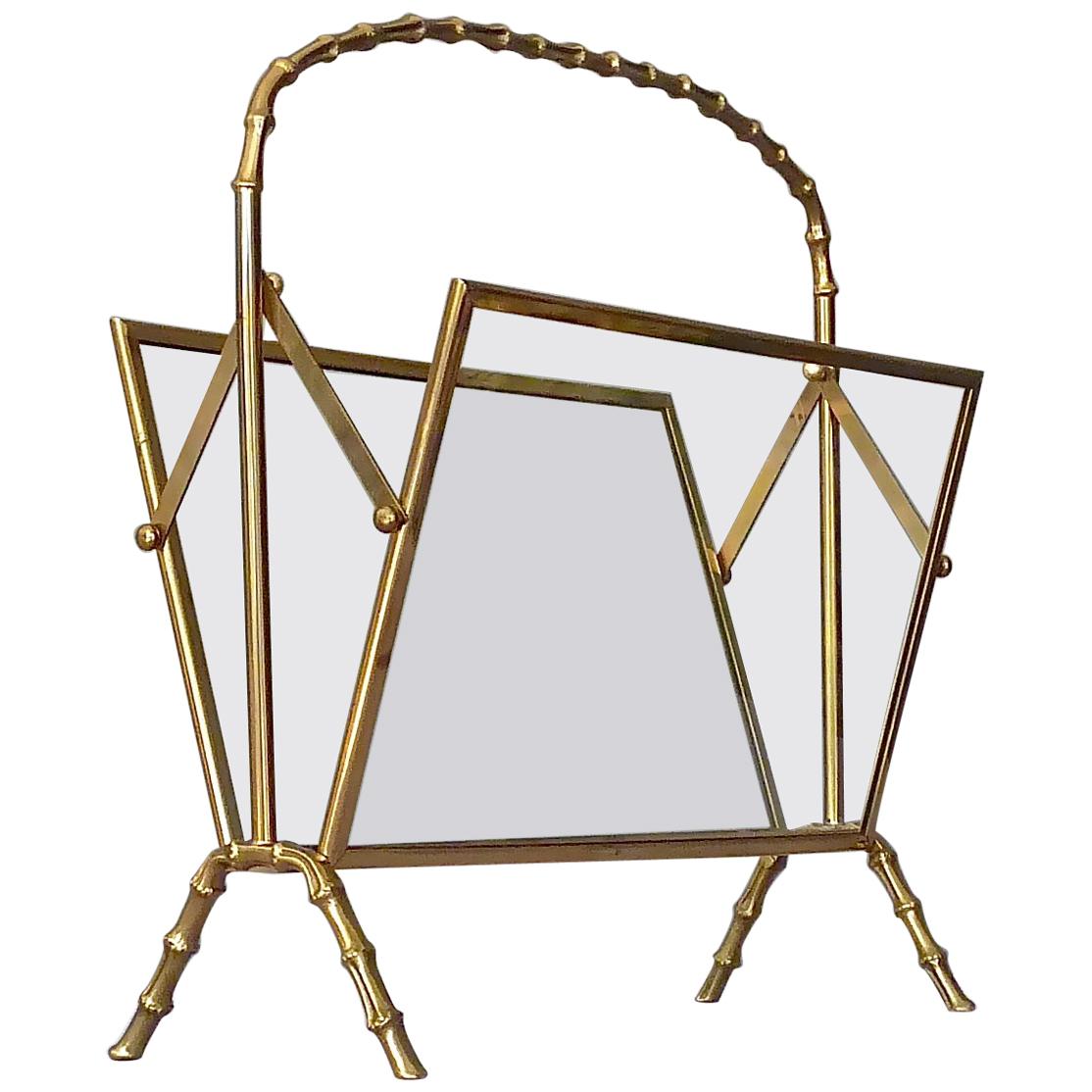 Faux Bamboo Magazine Rack Stand by Maison Bagues Brass Glass France 1950s Jansen For Sale