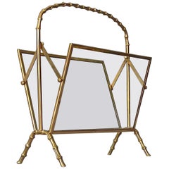 Faux Bamboo Magazine Rack Stand by Maison Bagues Brass Glass France 1950s Jansen