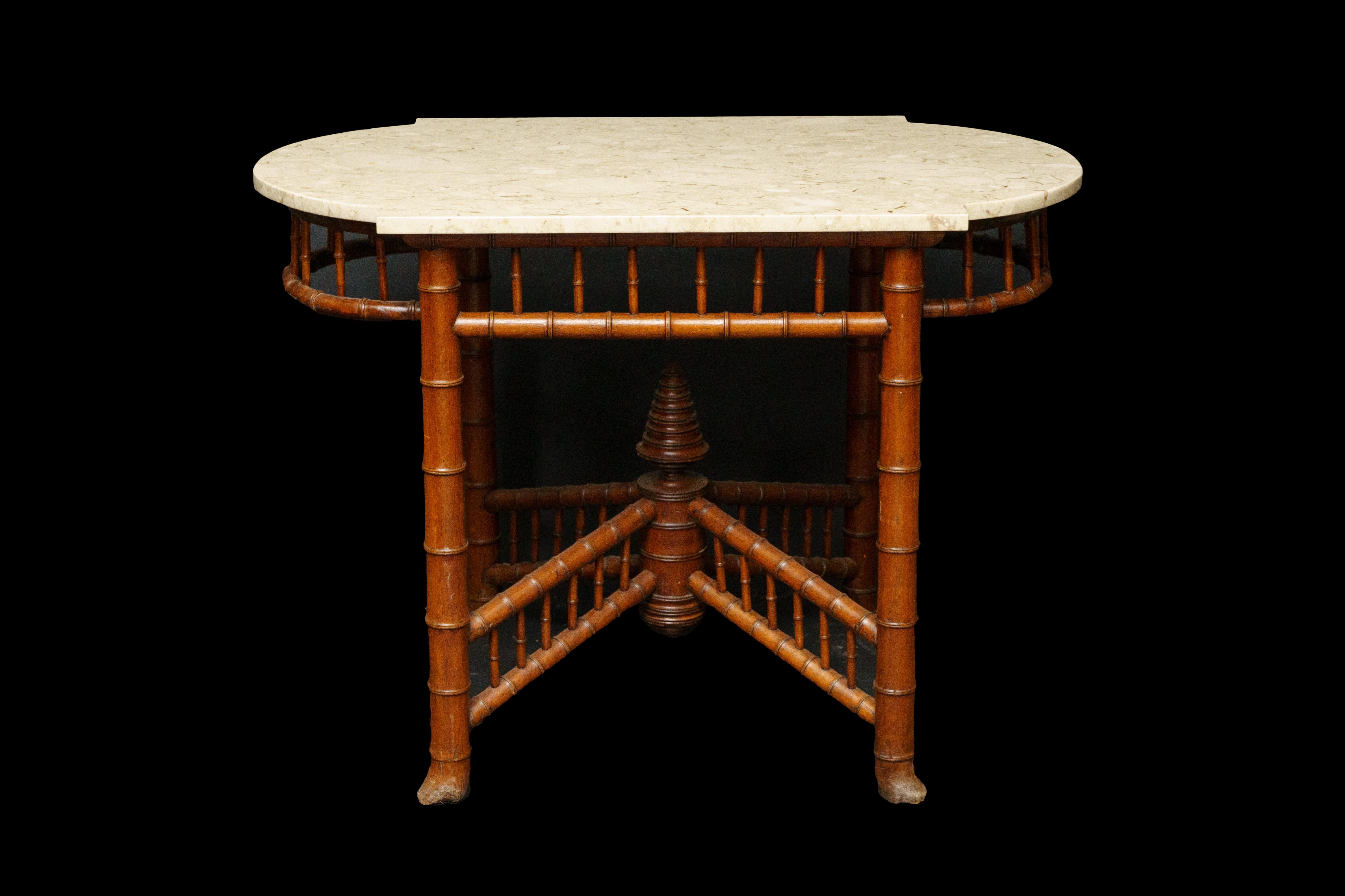 Faux bamboo & marble top center table from the late 19th century:

Measures: 39