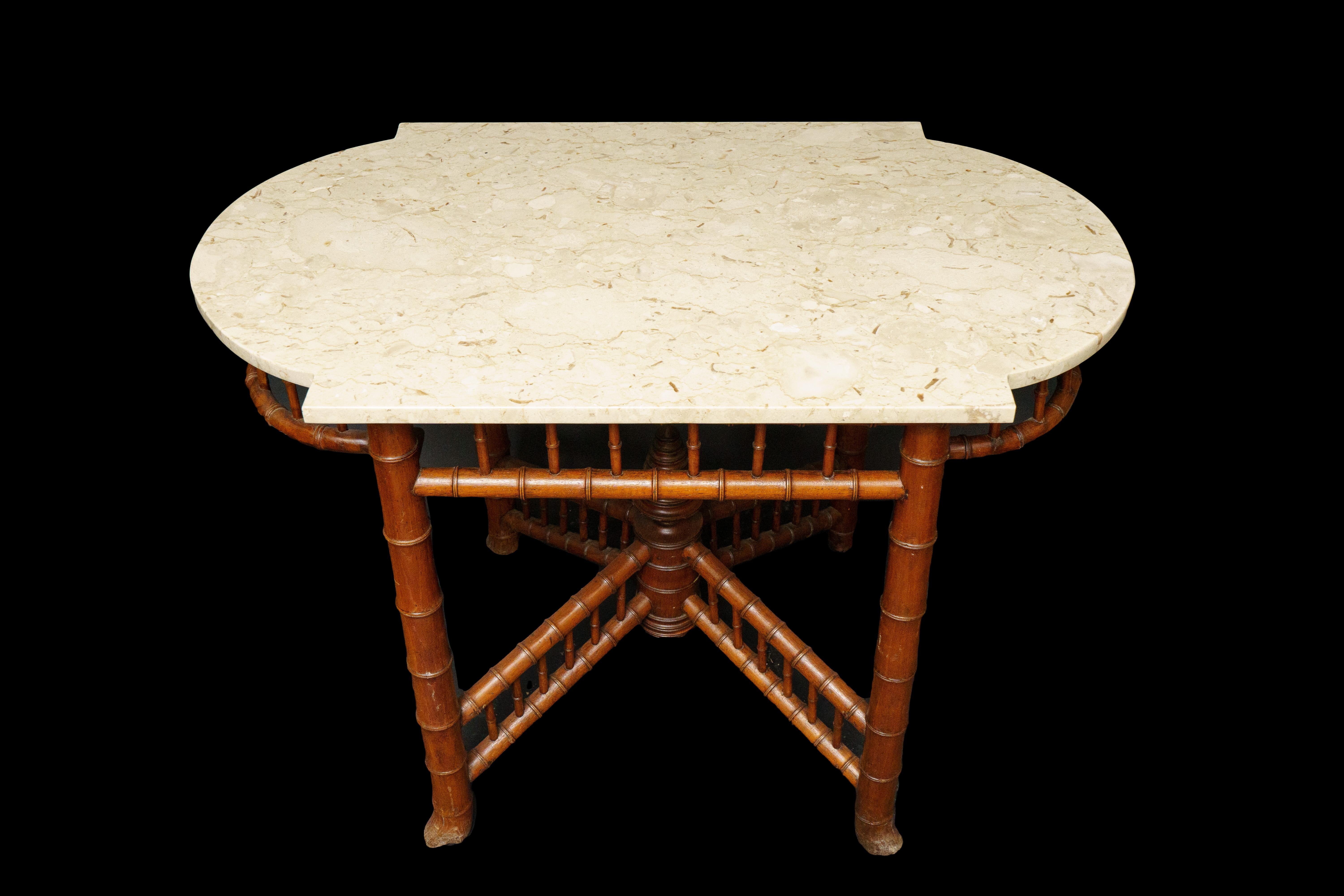 20th Century Faux Bamboo & Marble Top Center Table