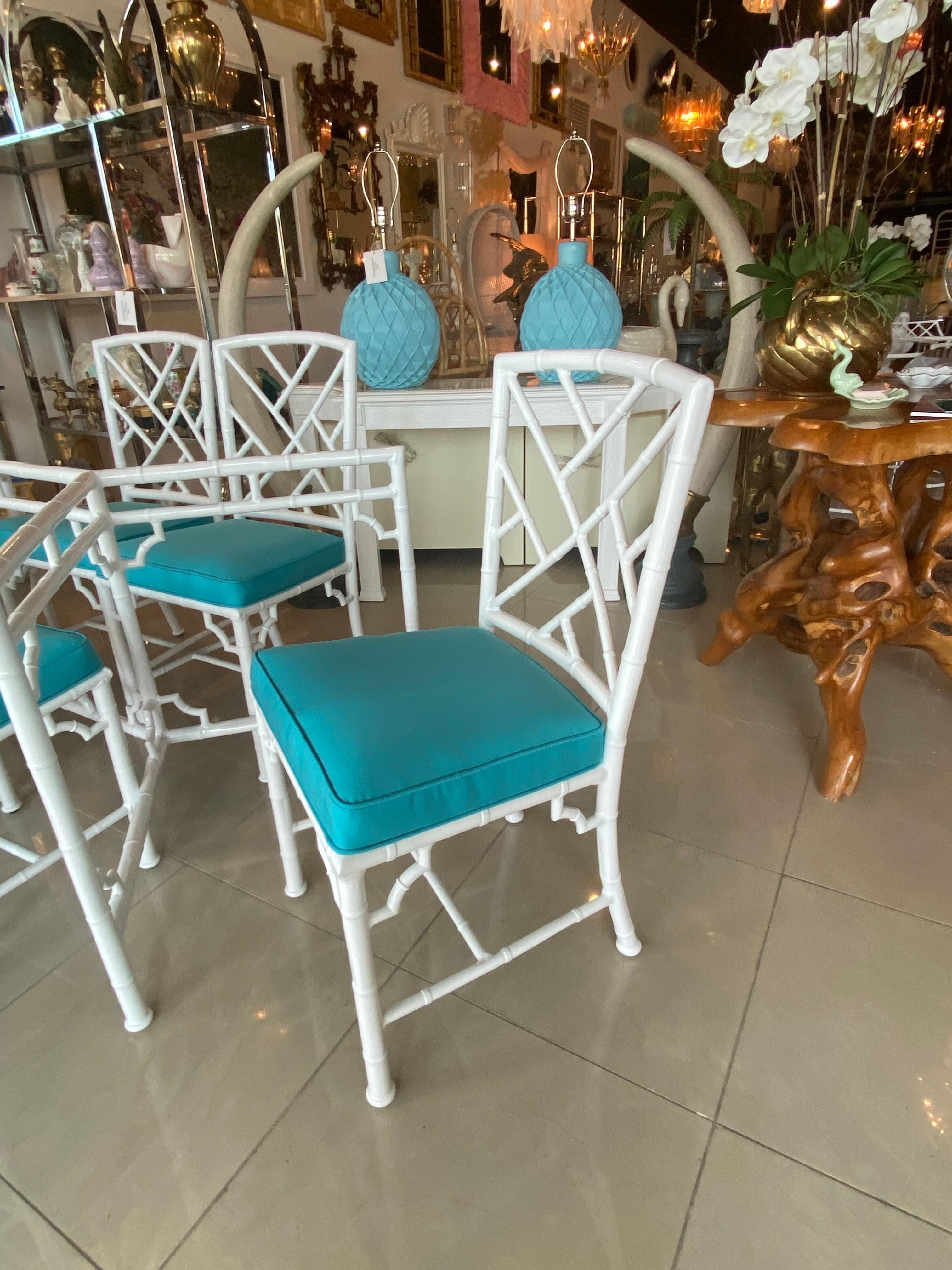 Faux Bamboo Metal 7 Pc Patio Dining Table & Chairs Upholstered & Powder-Coated In Good Condition In West Palm Beach, FL