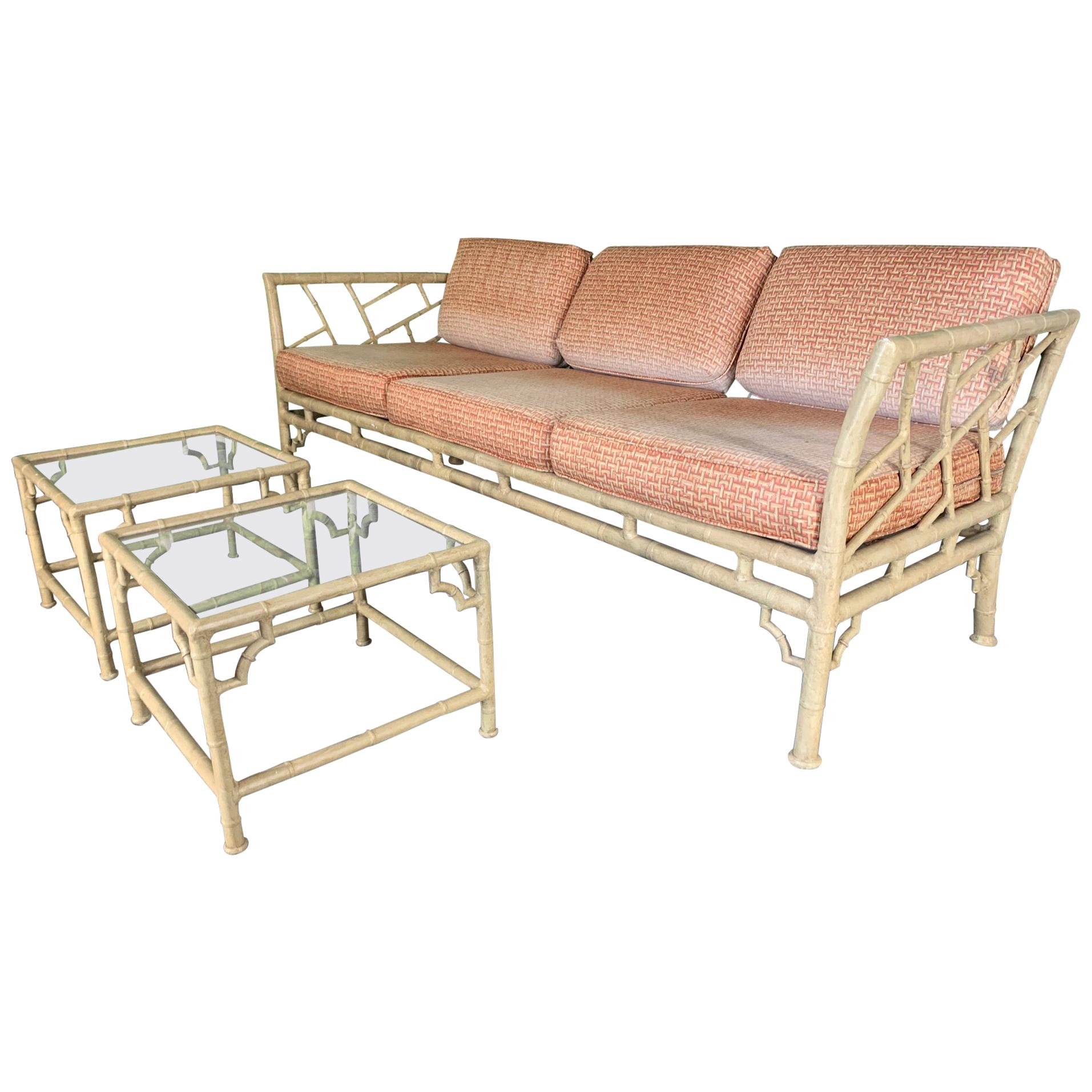 Faux Bamboo Metal Chinoiserie Patio Sofa and Tables at 1stDibs