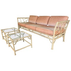 Vintage Faux Bamboo Metal Chinoiserie Patio Sofa and Tables