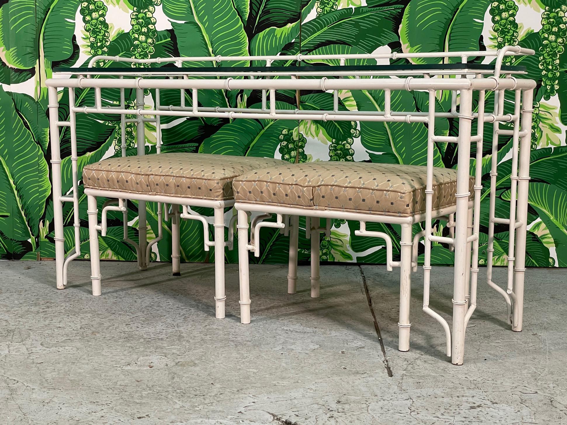 Hollywood Regency Faux Bamboo Metal Fretwork Console Table and Matching Stools