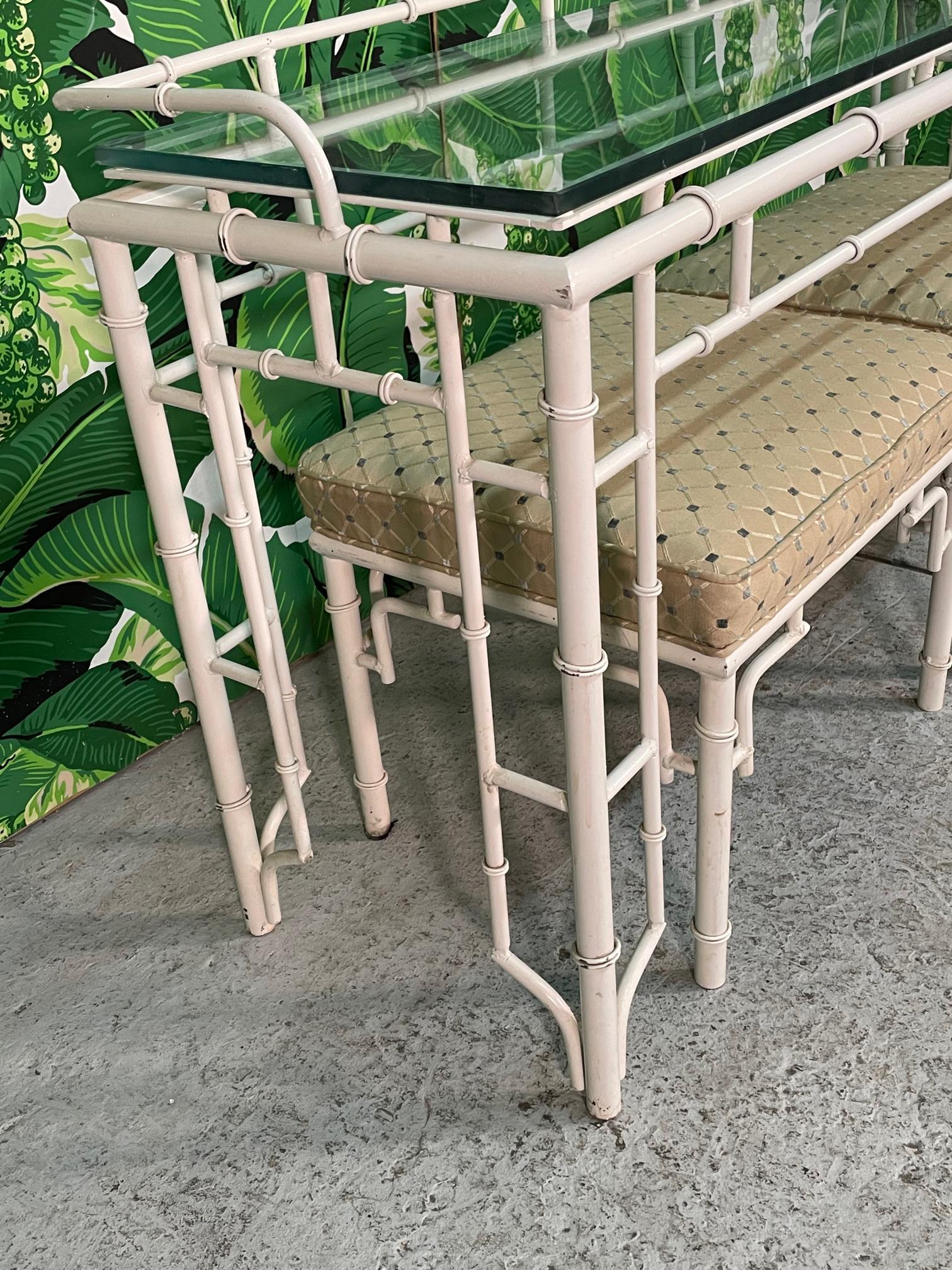 Late 20th Century Faux Bamboo Metal Fretwork Console Table and Matching Stools