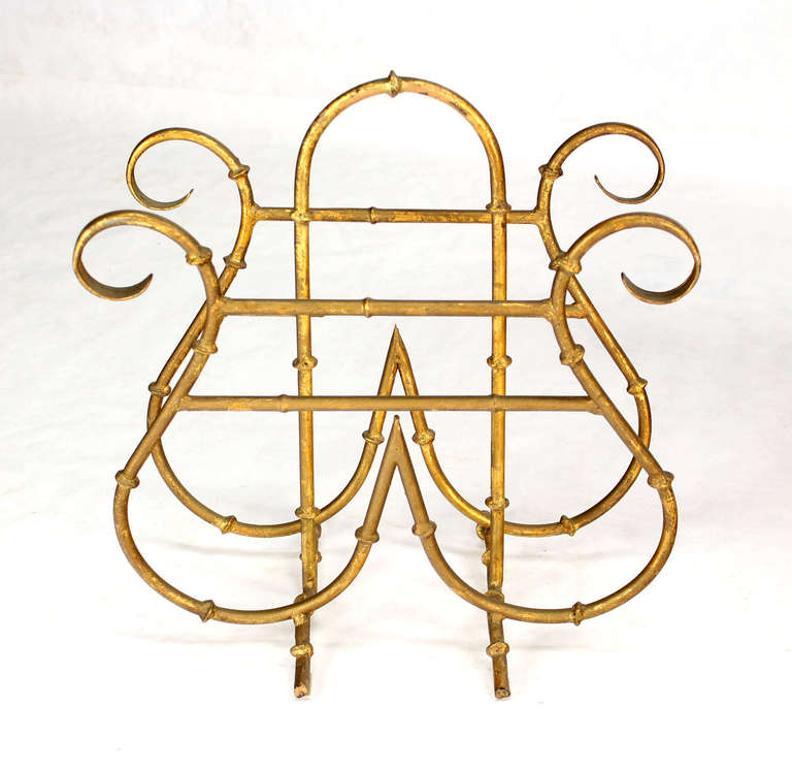 Faux Bamboo Lyre Style Gold Gilt Metal Magazine Rack Hollywood Regency Style MINT