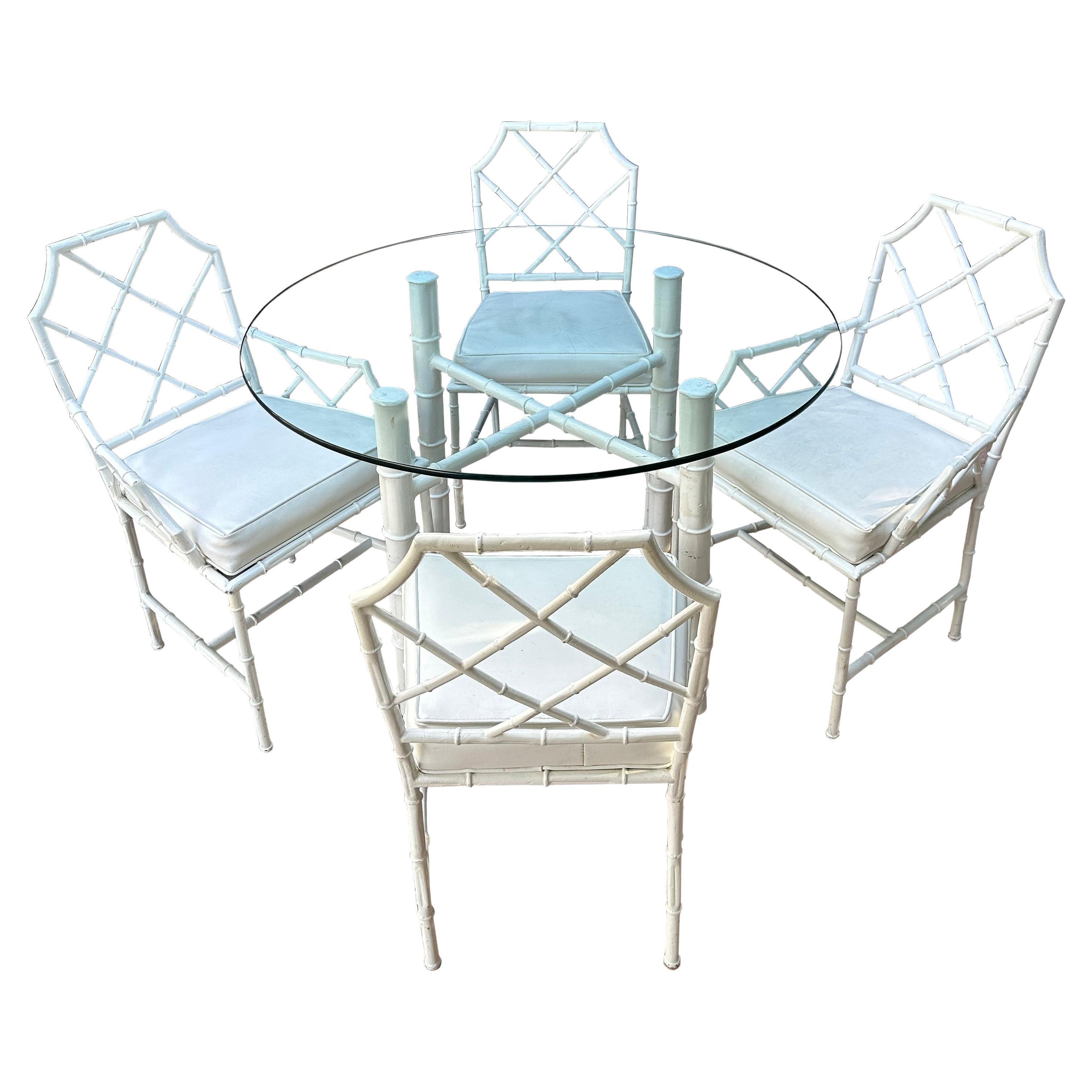 Faux Bamboo Metal Patio Dining Set Hollywood Regency Fretwork 