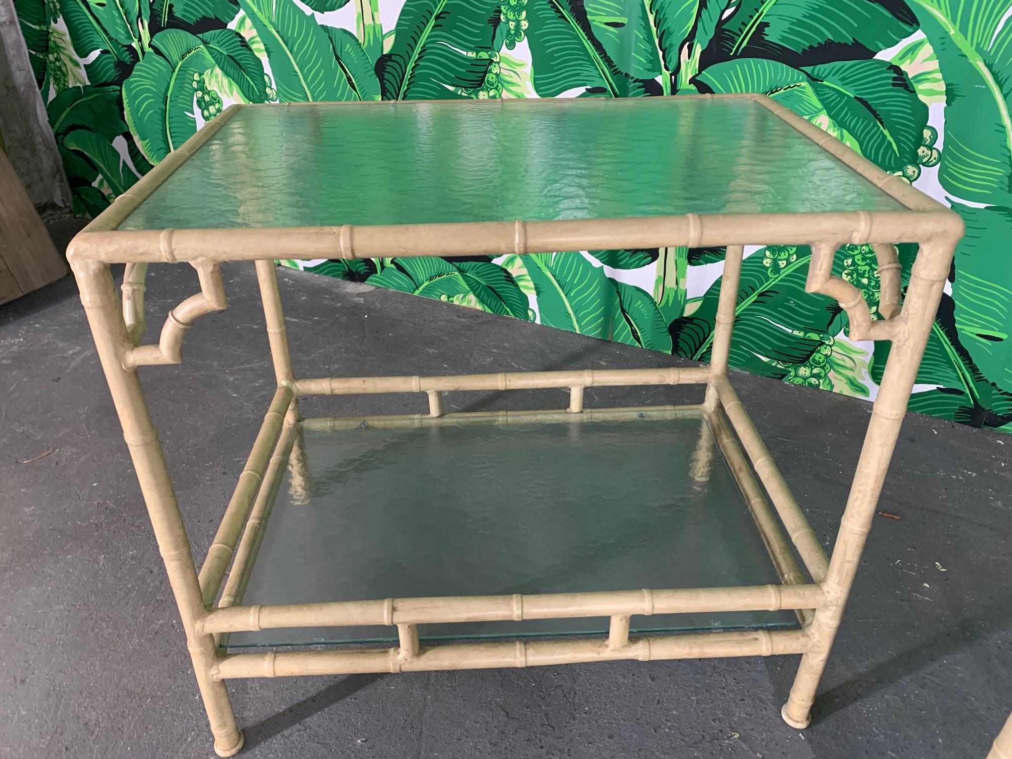 Hollywood Regency Faux Bamboo Metal Patio End Tables by Meadowcraft