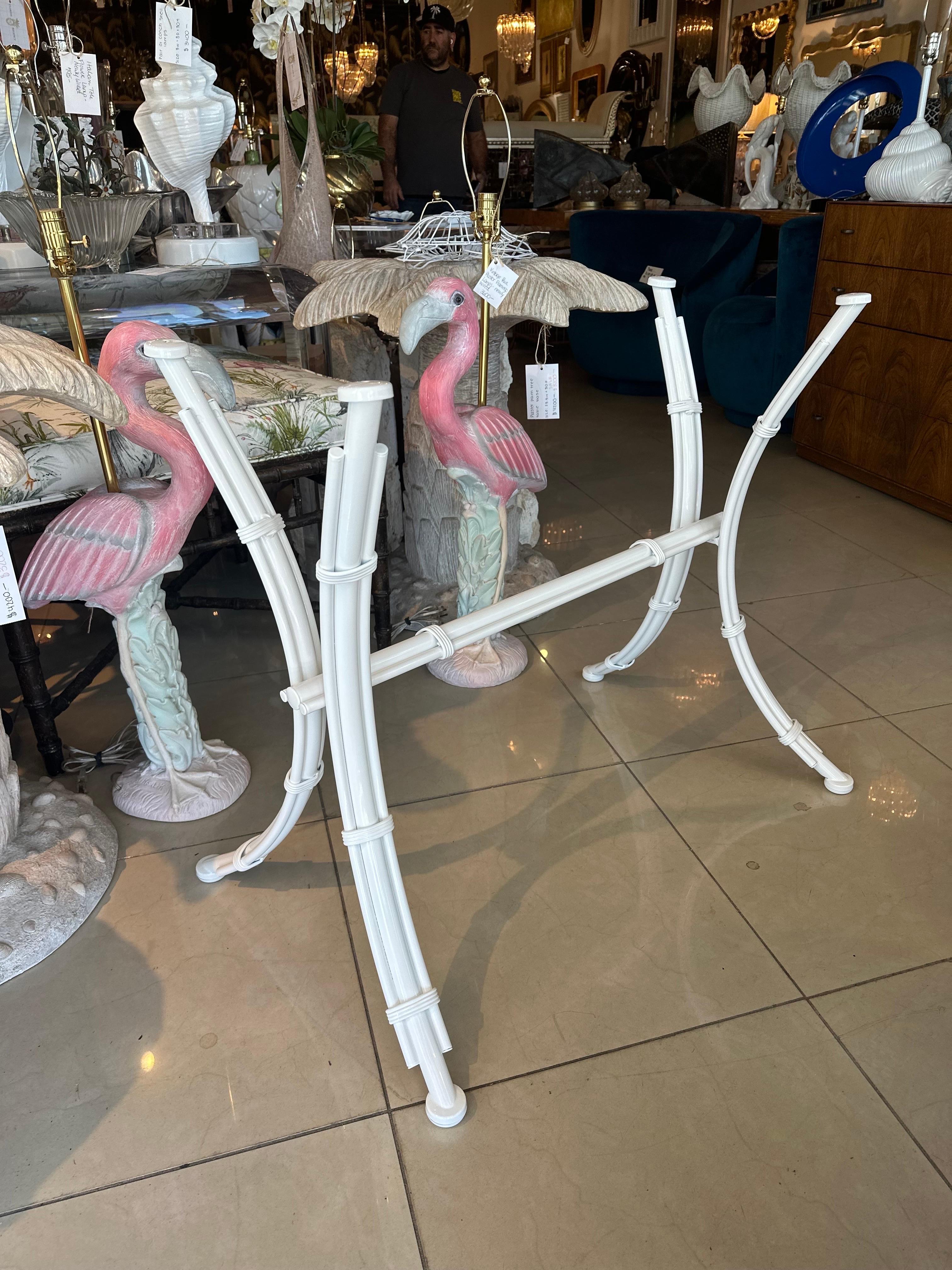 Vintage 1970s X base metal faux bamboo dining table, desk or console table base. Newly powder-coated in white gloss. Ready for your glass or stone top. This can be used indoors, outdoors, patio, sunroom, etc. Dimensions: 