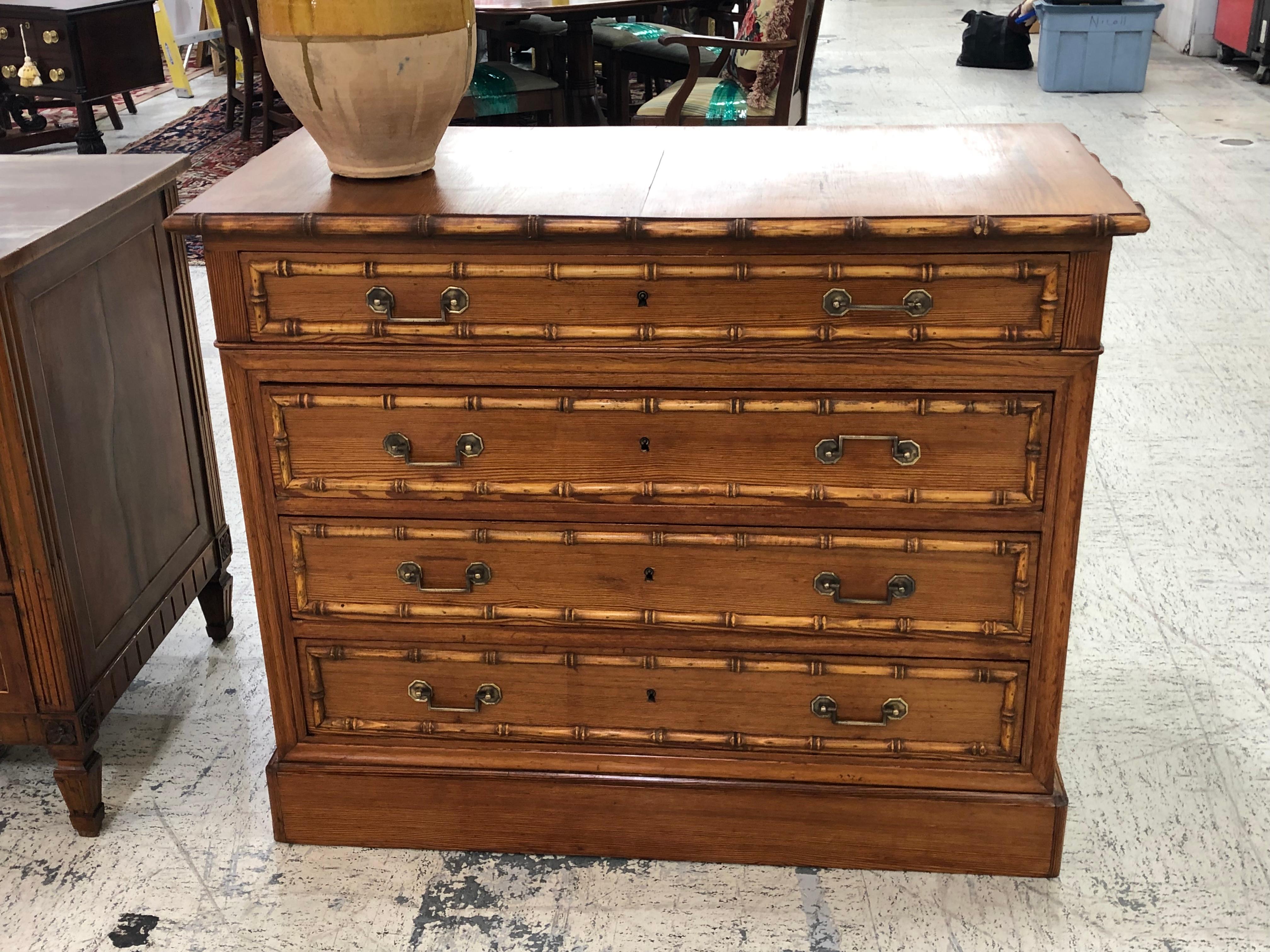 Faux bamboo mid-19th century chest. Original pulls. Pitch pine top.