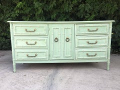 Faux Bamboo Midcentury Nine-Drawer Dresser with Matching Mirror