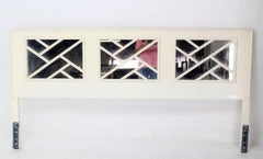 Faux Bamboo Mid Century Modern White Lacquer King Size Headboard Mirrored Back