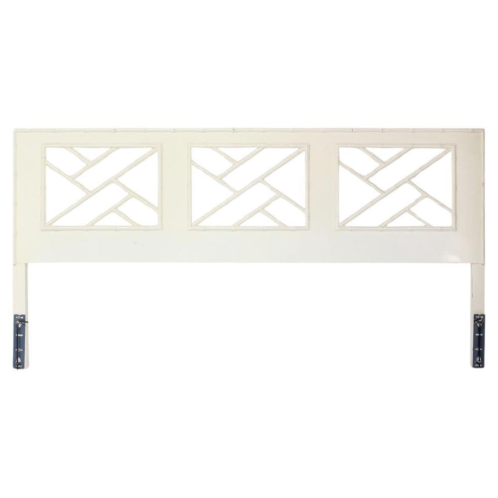 Faux Bamboo Mid Century Modern White Lacquer King Size Headboard Mirrored Back For Sale