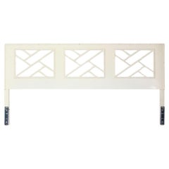 Vintage Faux Bamboo Mid Century Modern White Lacquer King Size Headboard Mirrored Back