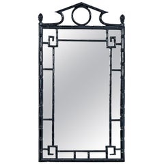 Faux Bambou Asiatique Moderne Midcentury Miroir Noir Laqué