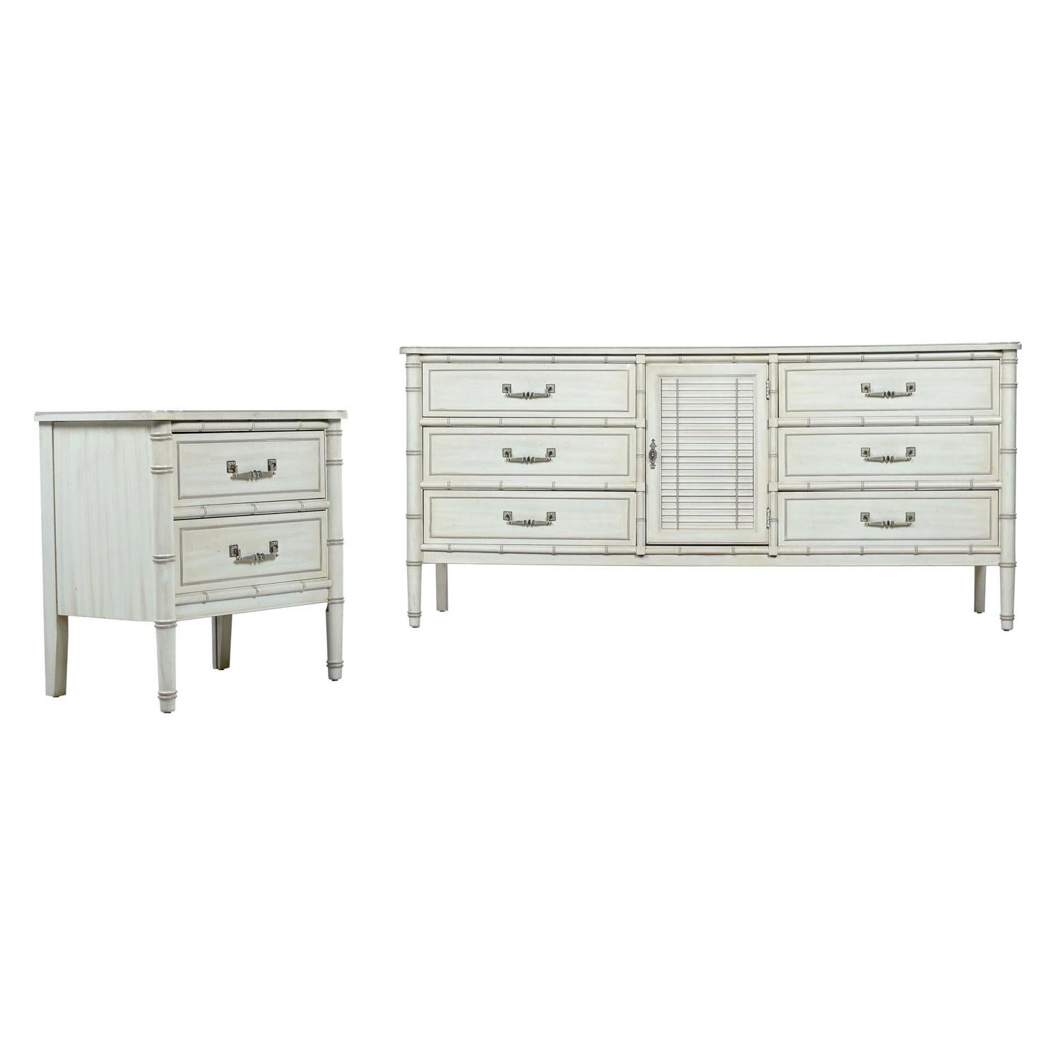 Faux Bamboo Midcentury Factory White Washed Bedroom Dresser And