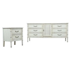 Vintage Faux Bamboo Midcentury Factory White Washed Bedroom Dresser and Nightstand Set