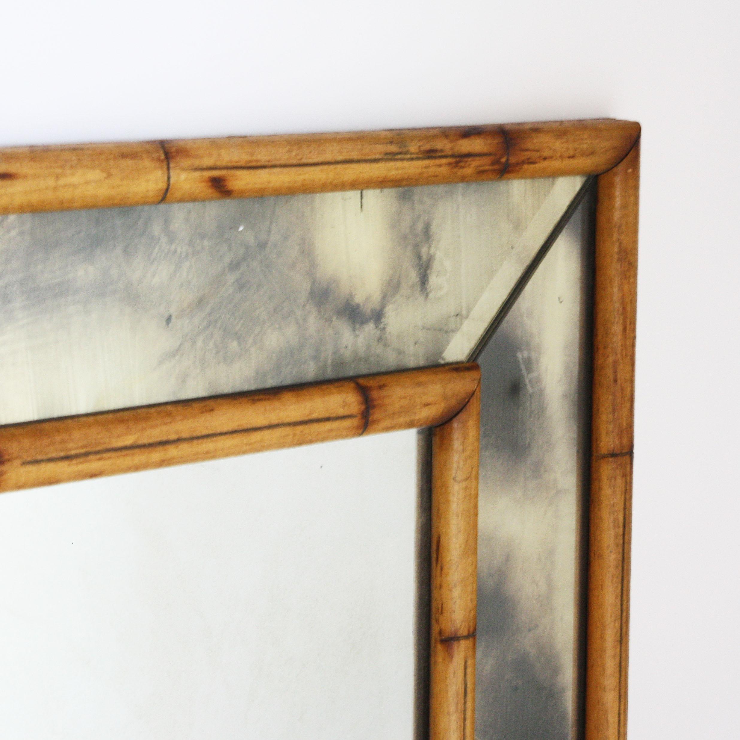 French Faux Bamboo Mirror with Smokey Mirrored Frame, circa 1970