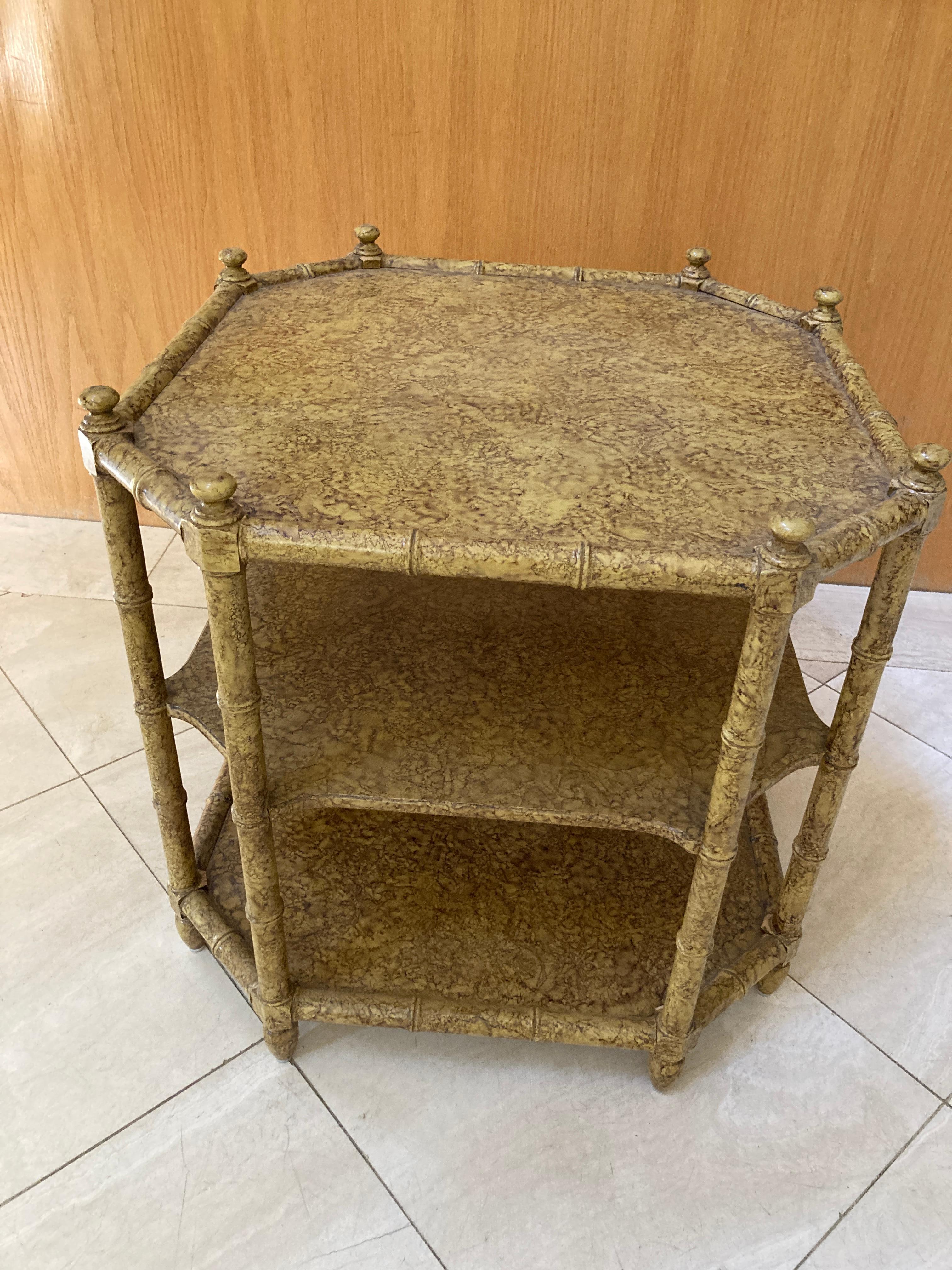 Faux bamboo octagon walnut Chinese Chippendale occasional table attributed to Baker. 
Table features 3 tiers, beautiful wood grain, bamboo distressed faux finish, quality American craftsmanship, great style and form.
Traditional American