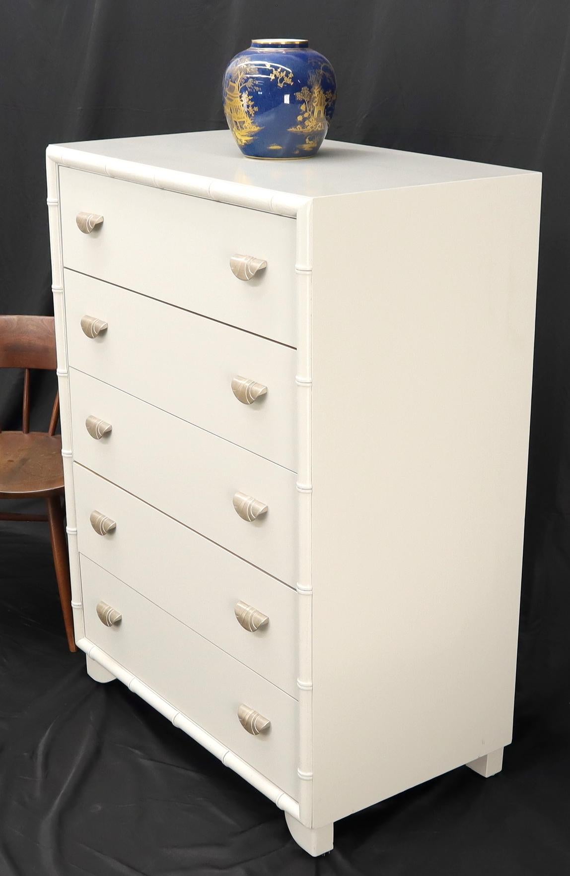 Faux bamboo off white lacquer scallop shape art deco pulls high chest dresser. For Sale 3