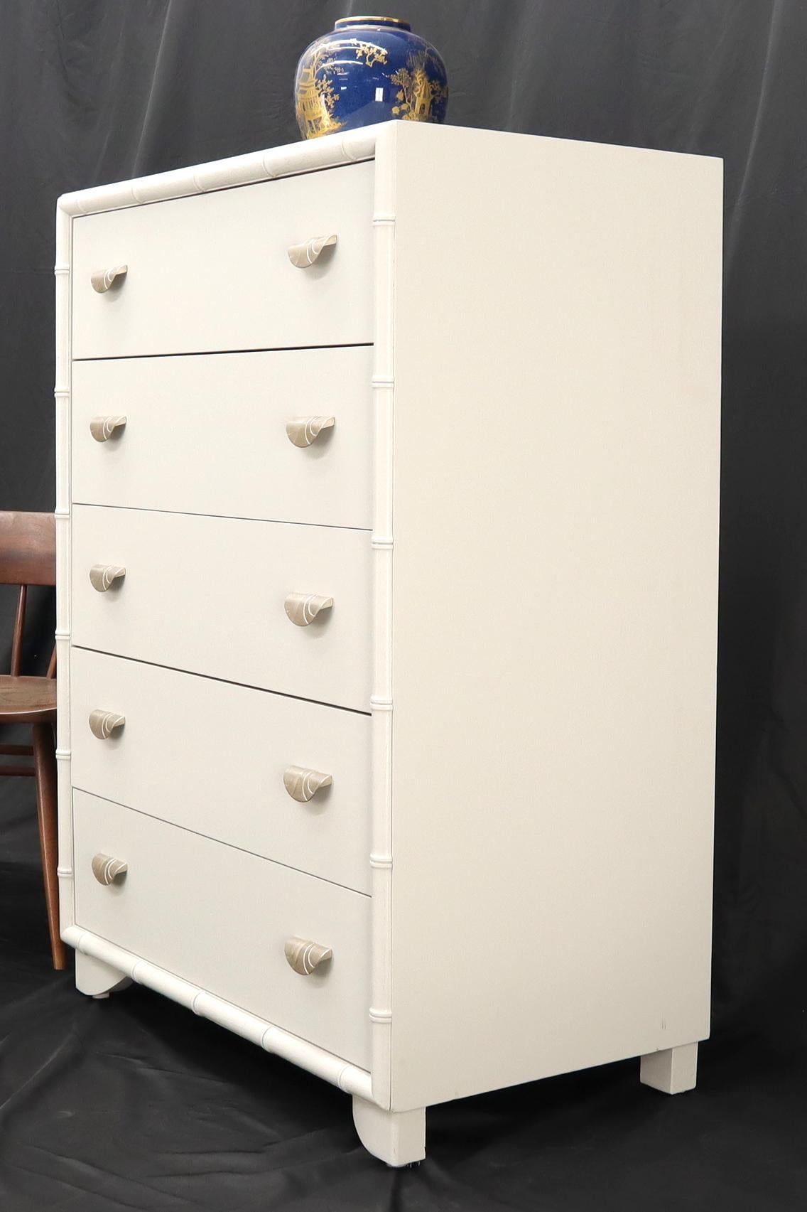 Faux bamboo off white lacquer scallop shape art deco pulls high chest dresser. For Sale 4