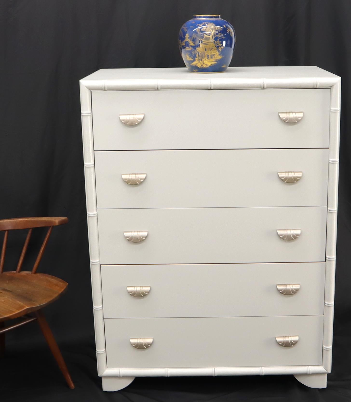 Restored mid century modern Faux bamboo off-white lacquer five drawers hi chest dresser with Art Deco style hardware.