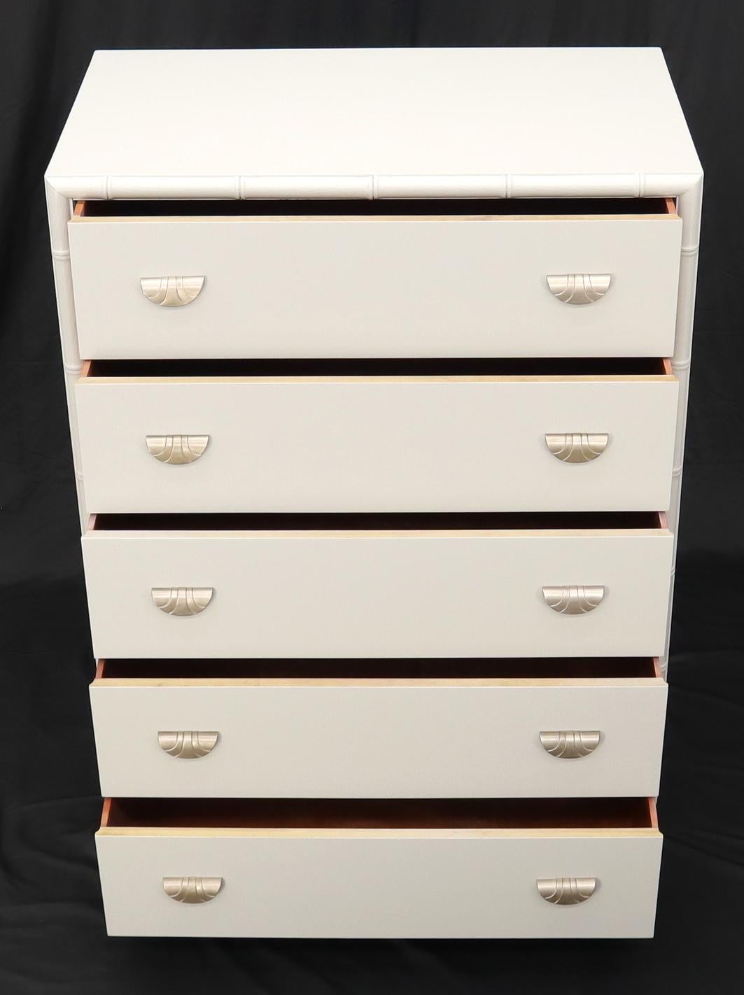 Mid-Century Modern Faux bamboo off white lacquer scallop shape art deco pulls high chest dresser. For Sale