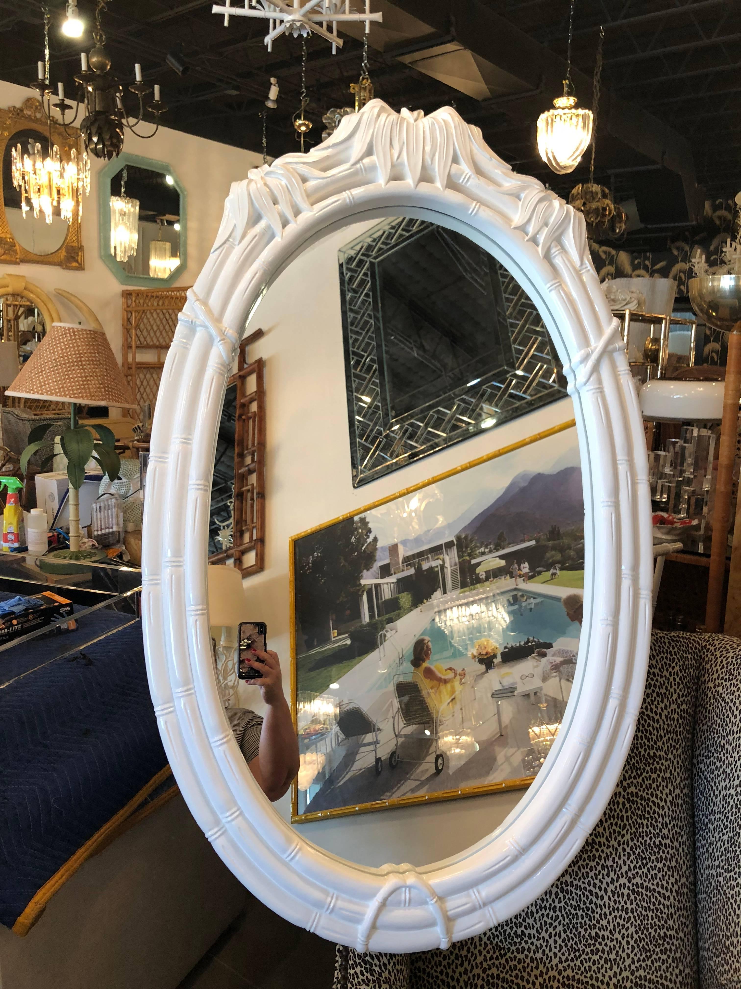 Vintage faux bamboo pagoda wall mirror newly lacquered in white gloss. Ready to hang.