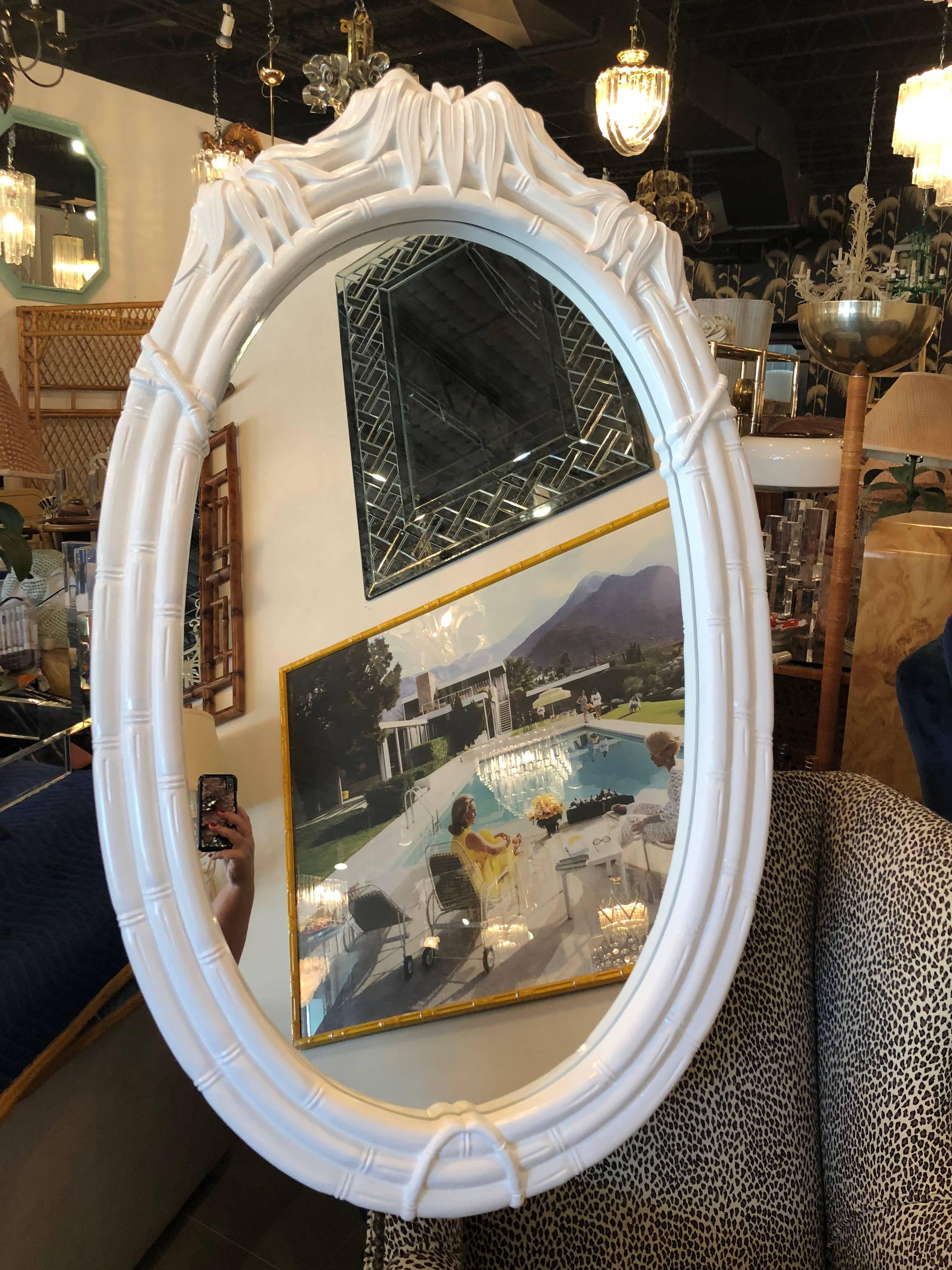 Late 20th Century Faux Bamboo Pagoda Wall Mirror Newly Lacquer White Palm Beach
