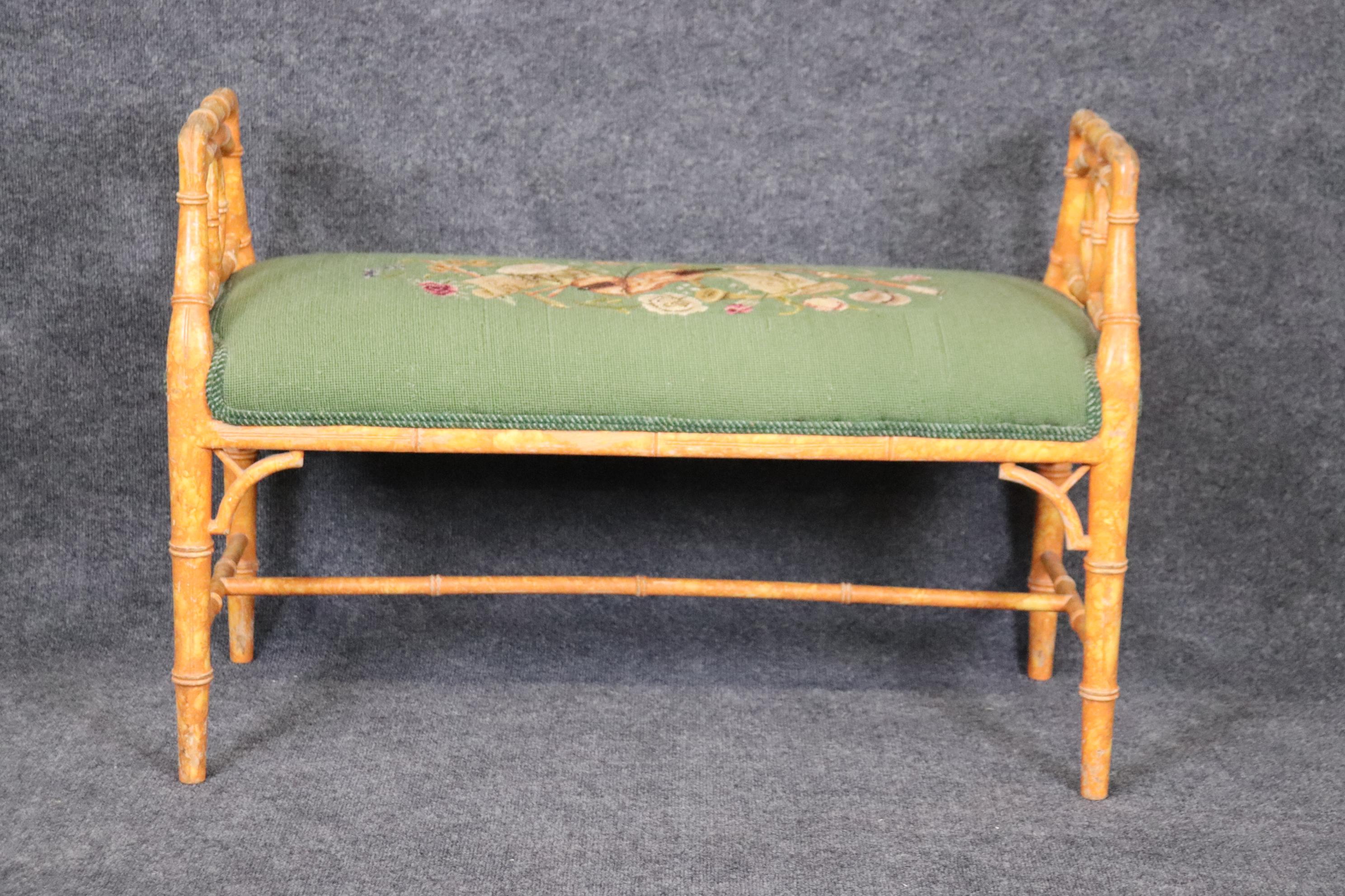 Chinese Chippendale Faux Bamboo Paint Decorated Window Bench Stool with Needlepoint Upholstery For Sale