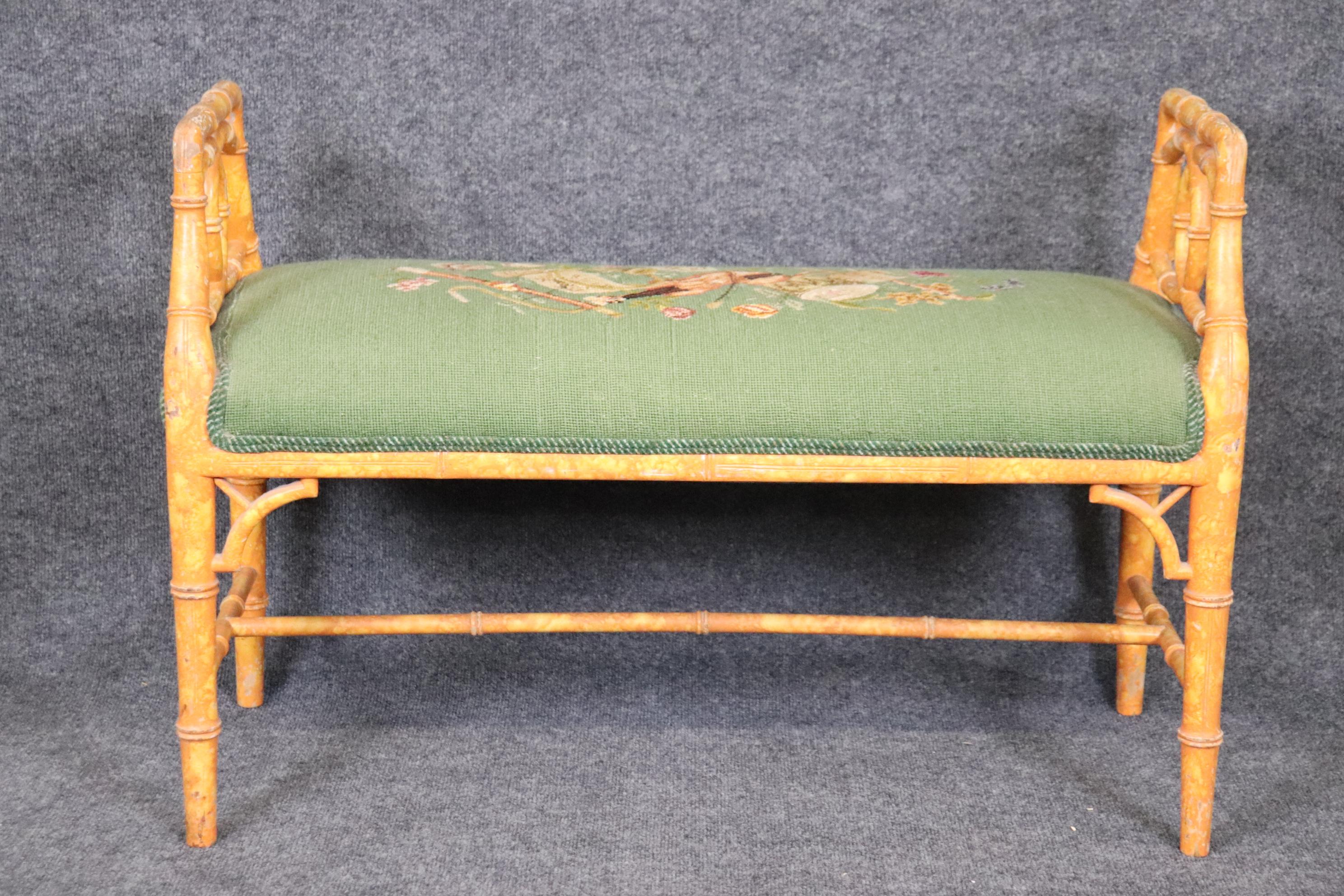 European Faux Bamboo Paint Decorated Window Bench Stool with Needlepoint Upholstery For Sale