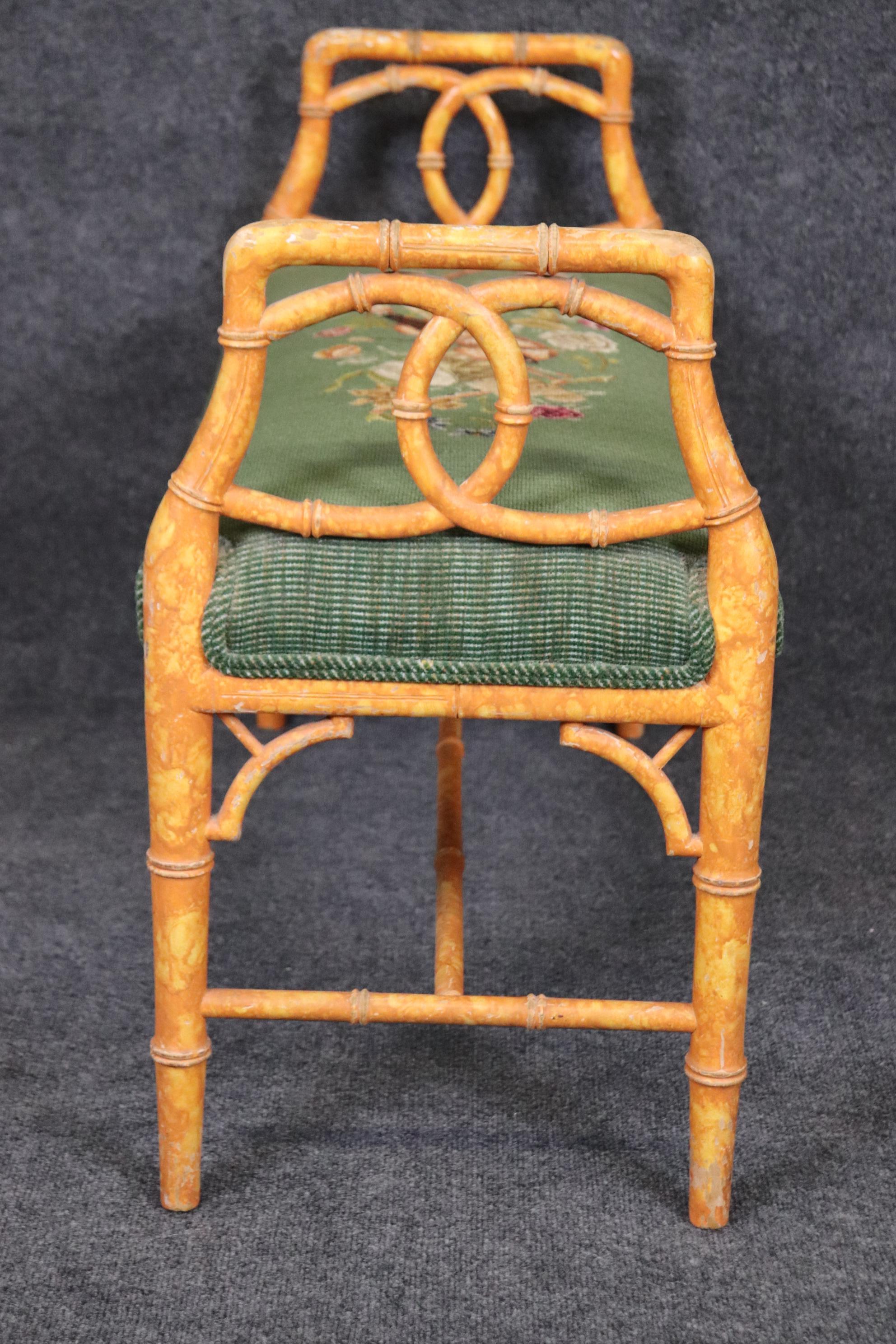 Mid-20th Century Faux Bamboo Paint Decorated Window Bench Stool with Needlepoint Upholstery For Sale