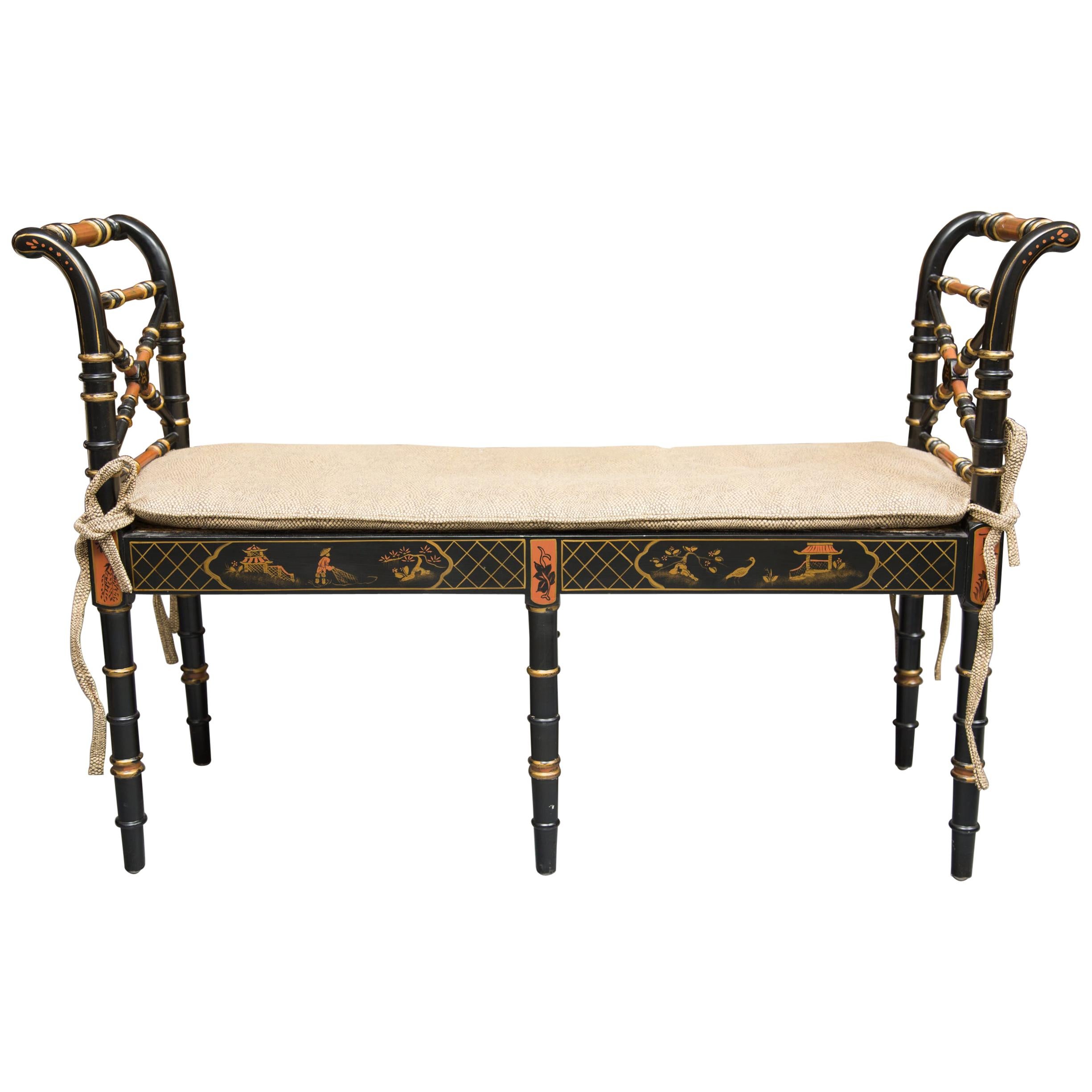 Faux Bamboo Painted Bench with Caned Seat